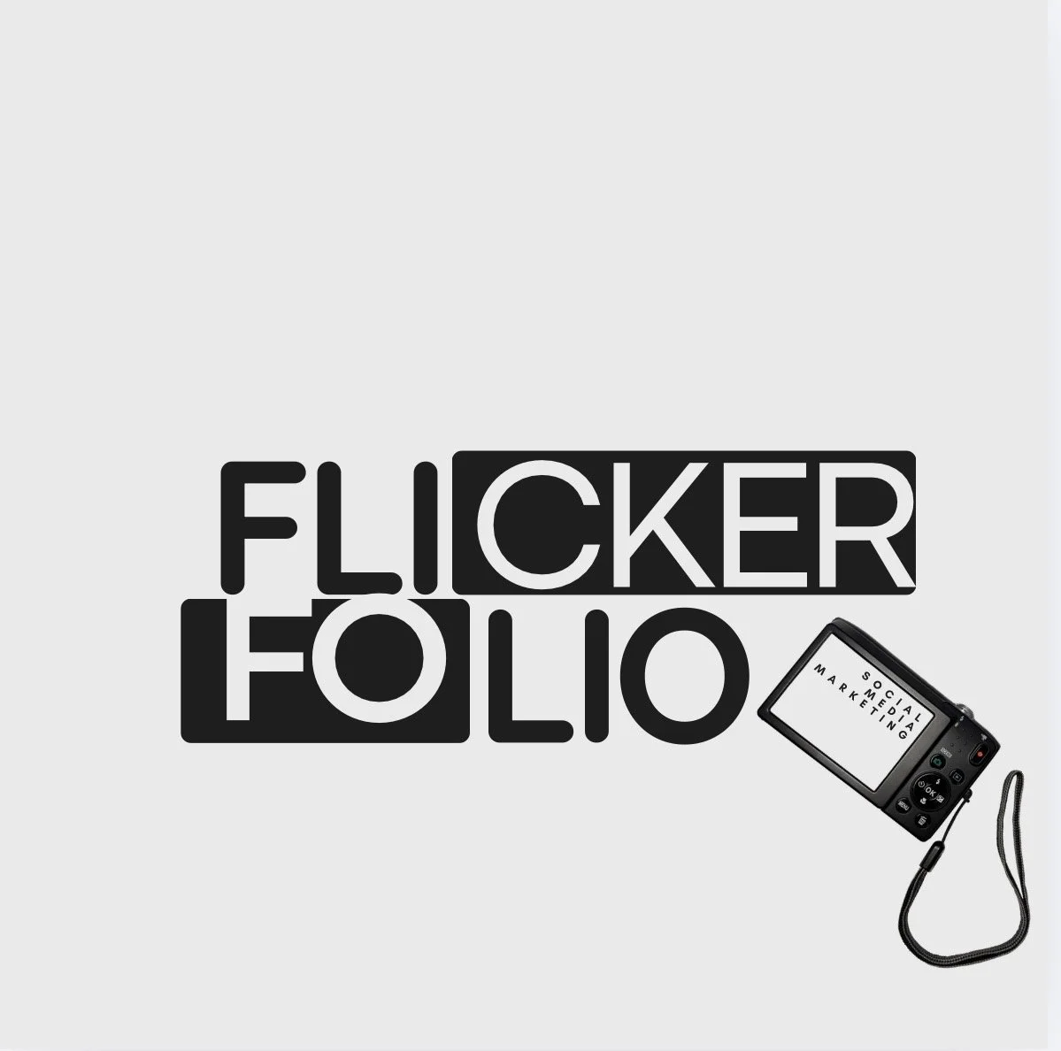 Design featuring the words 'Flickerfolio' in bold black and white letters, with a digital camera displaying 'Social Media Marketing' on its screen and connected by a strap on a light gray background.