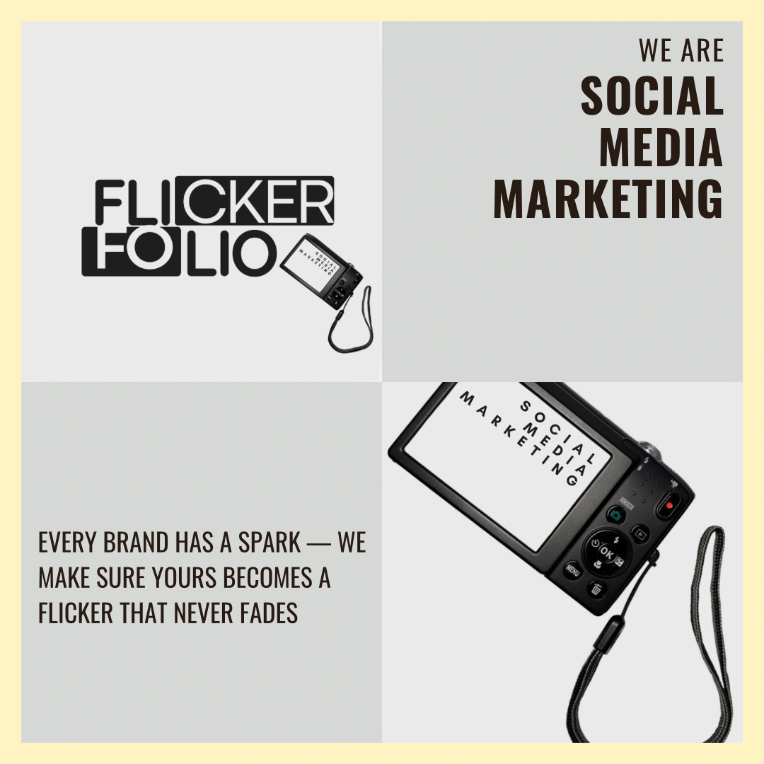 A promotional graphic for Flickerfolio, a social media marketing brand, featuring a camera with a strap, the company's logo, and text emphasizing social media marketing expertise with a tagline about making brands' sparks never fade.