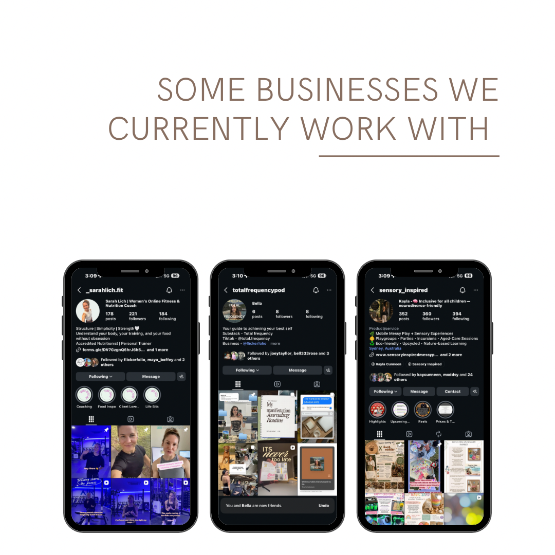 Image showing three smartphones displaying various social media profiles. The text above reads, "Some businesses we currently work with."