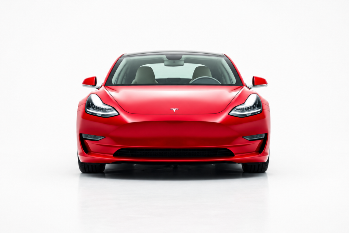Front view of a red Tesla Model 3 on a white background.