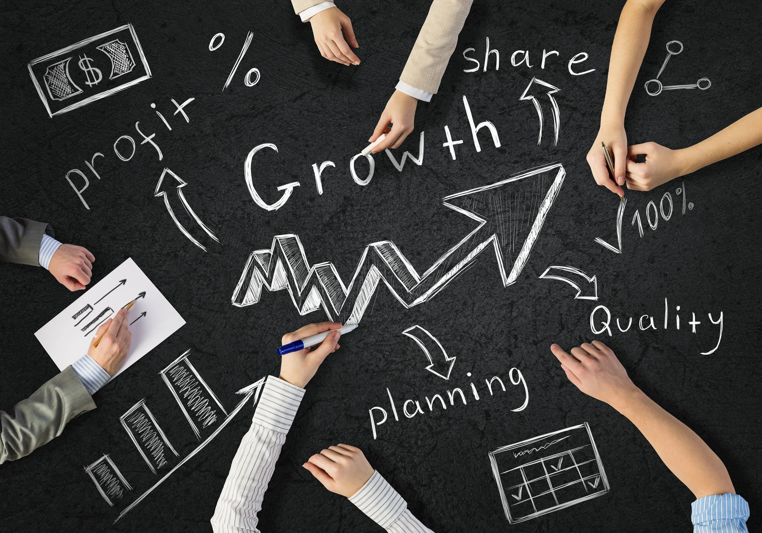 Multiple hands of people in business attire drawing and writing on a black surface with white chalk. The drawings include a bar graph, a dollar bill, arrows, words like 'profits', 'growth', 'share', 'planning', and various charts and icons related to business planning and financial growth.