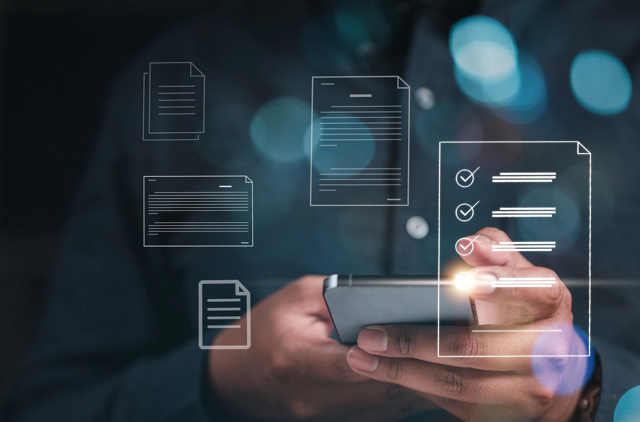 A person holding a smartphone with digital icons of documents and checkmarks overlaid, suggesting digital document management or sharing.