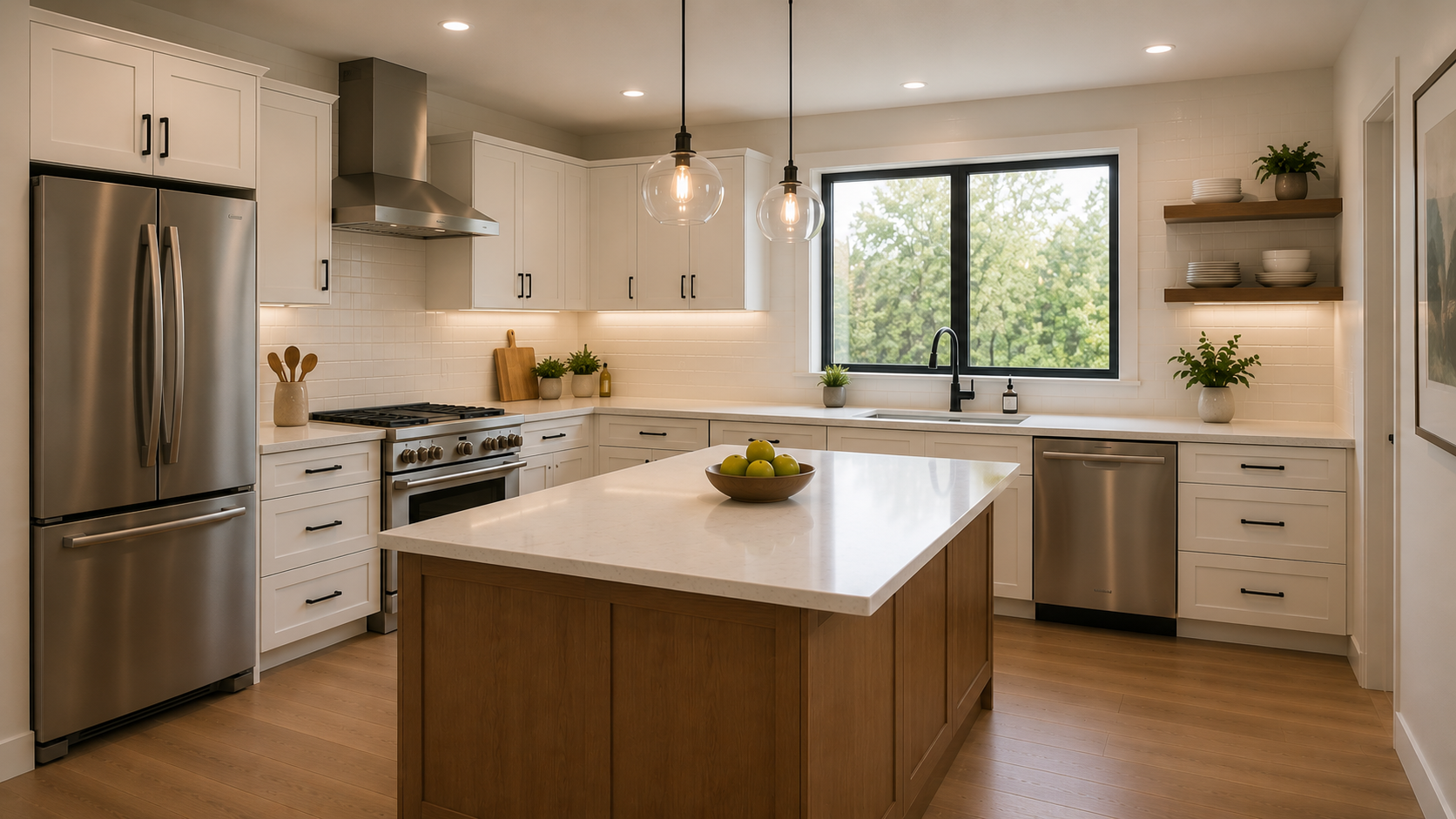 Residential Cleaning of a Modern kitchen with white cabinets, stainless steel appliances, a central island with a wooden base, and a window overlooking green trees.