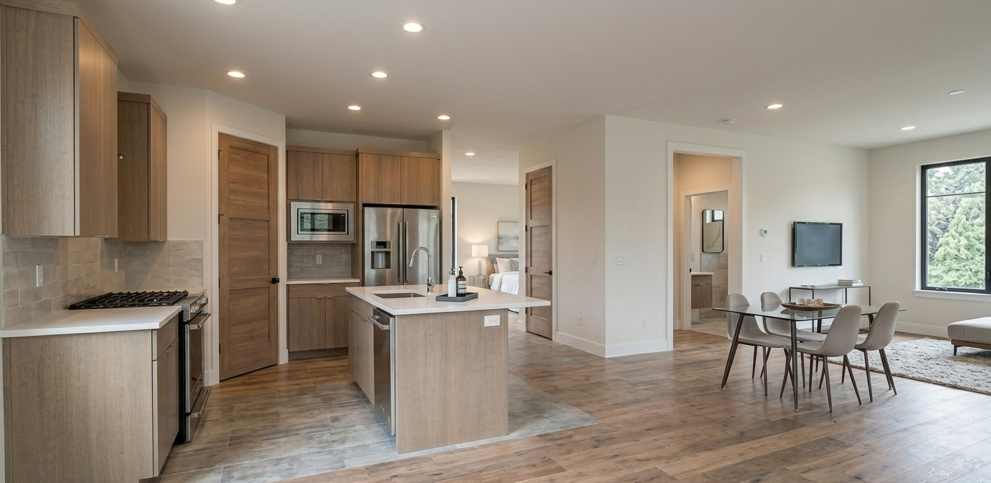 Open-concept kitchen and living room with wooden floors, light-colored walls, modern gray furniture, and a large window.