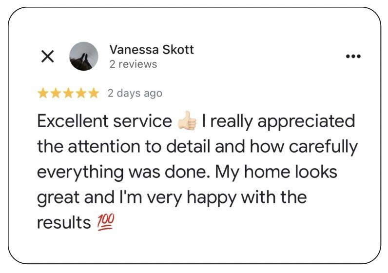 five-star google review by Vanessa Skott praising excellent service, attention to detail, and satisfaction which was delivered by Sylvera Premium Cleaning Services In Edmonton