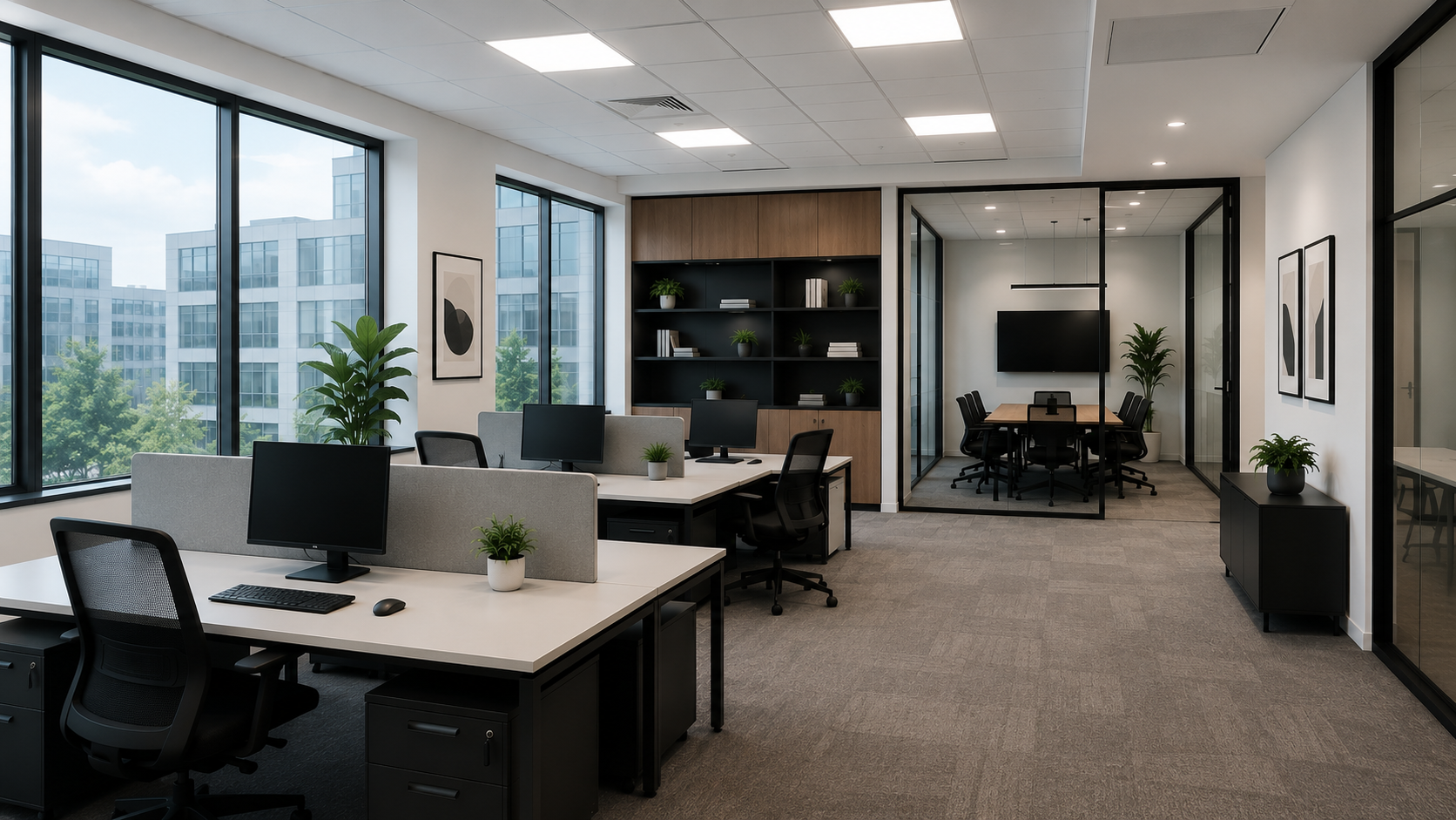 Commerical Cleaning of a Modern office with desks, computers, plants, and a glass-enclosed conference room.