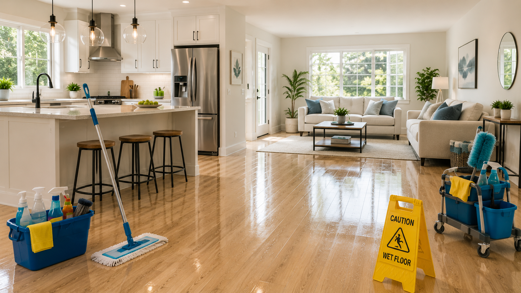 Results after a Deep cleaning showing Clean and bright open-concept living room and kitchen with hardwood floors, white couches, plants, and cleaning supplies near a wet floor caution sign.