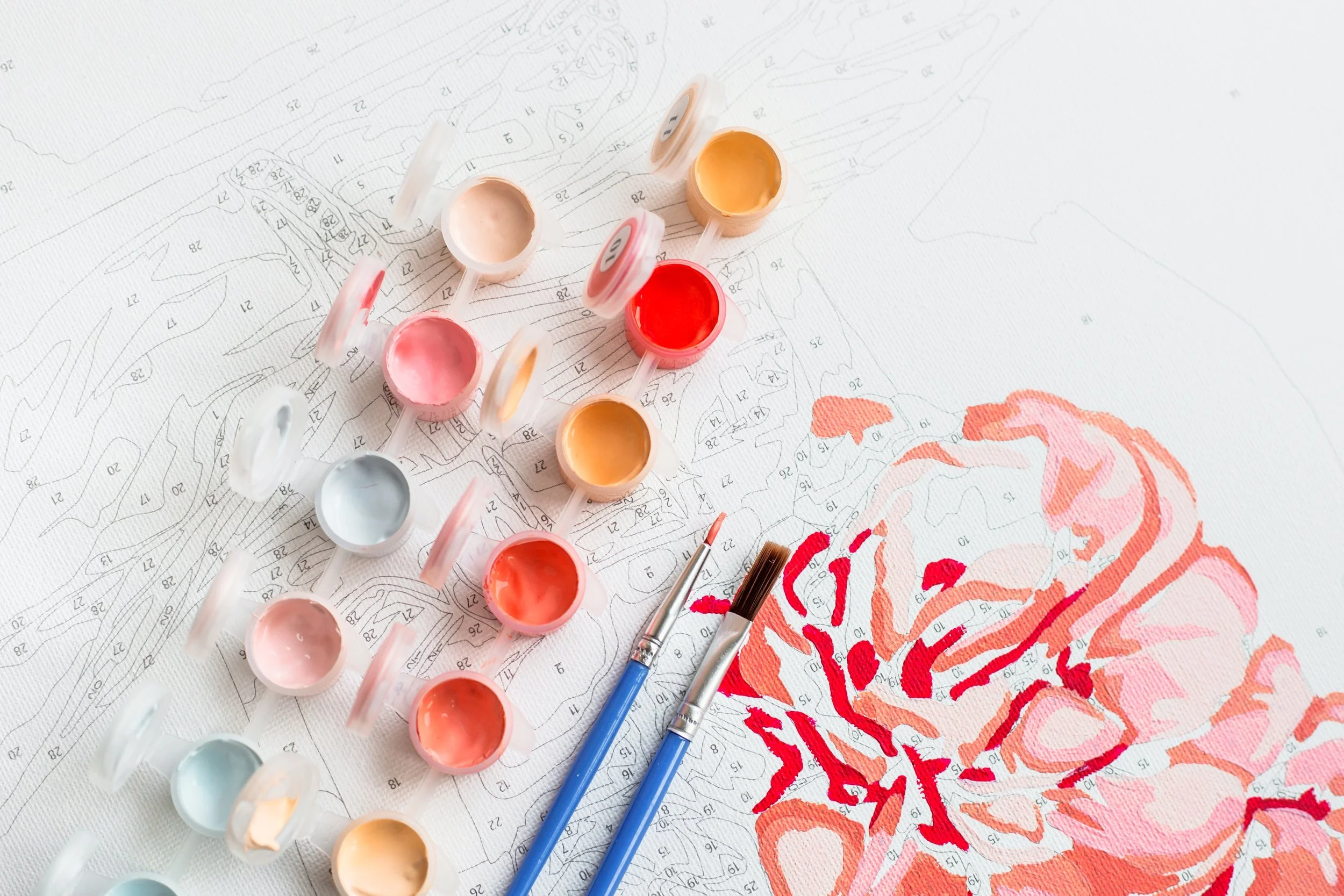 Paint containers, paintbrushes, and a paintbrush on a design of a cat outline with various shades of orange and pink on a dotted paper.