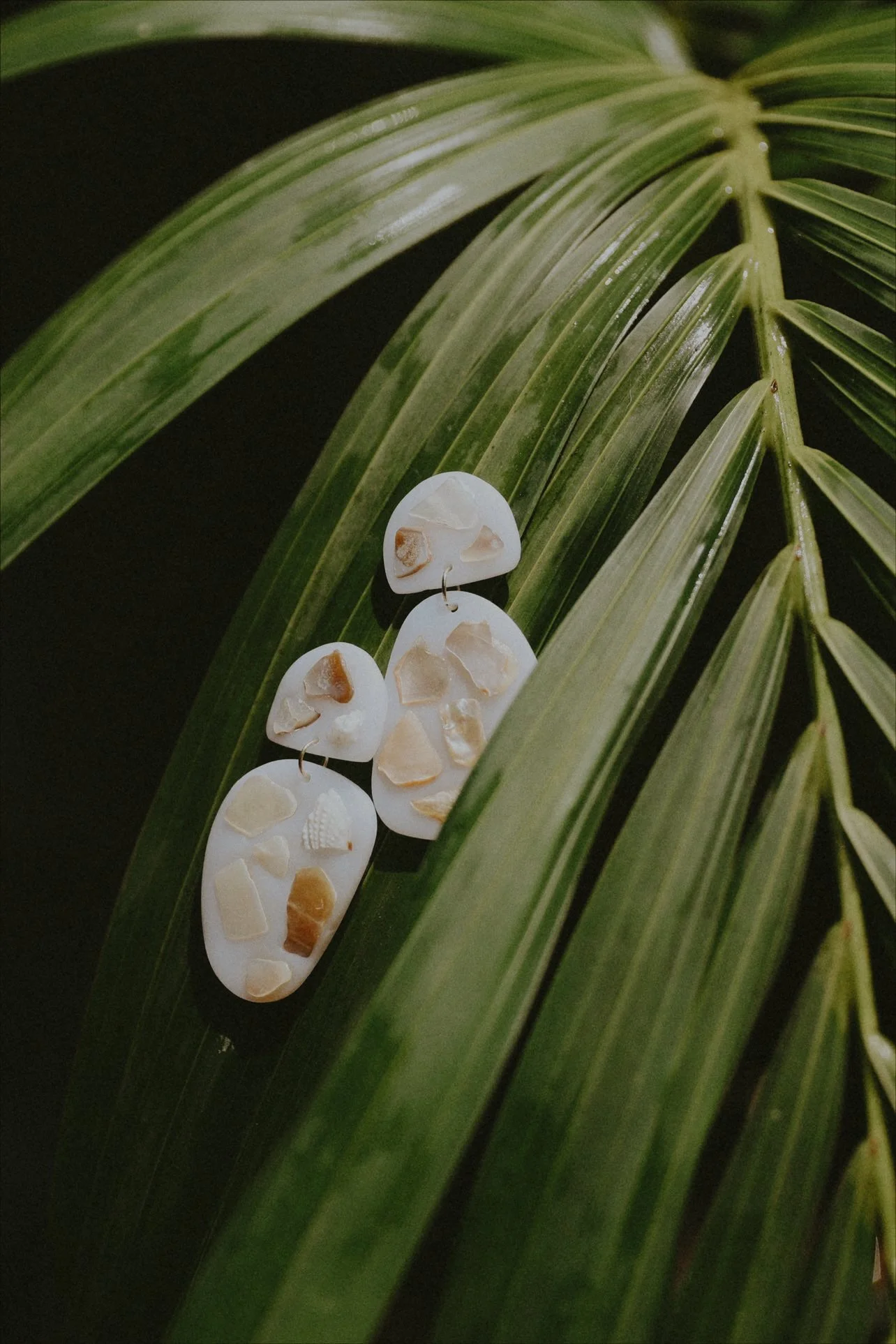 Close-up of a large green palm leaf with a pair of earrings made of white resin and filled with small shell pieces hanging from it.