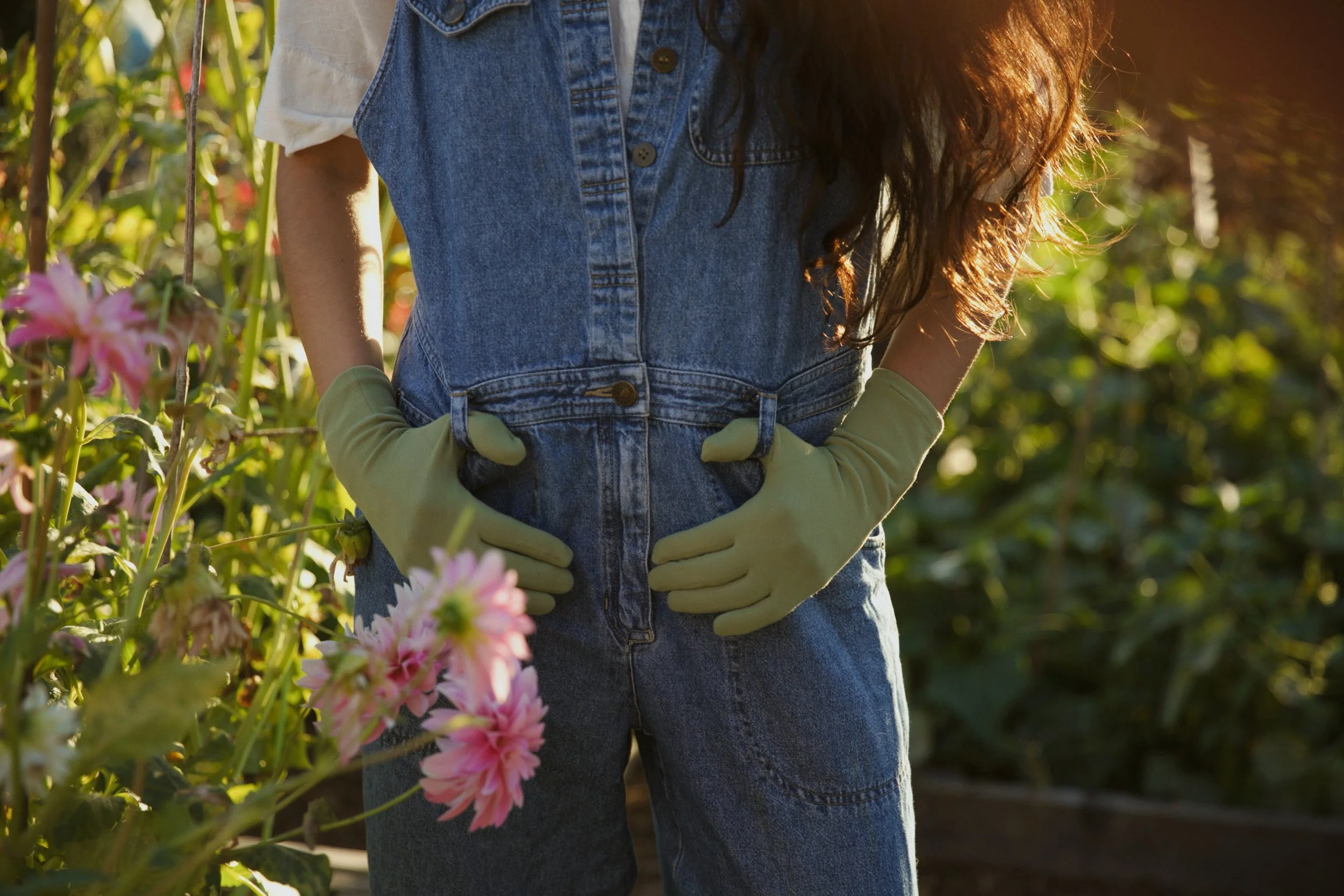A person wearing a denim vest and yellow gloves standing among pink flowers in a garden during sunlight.