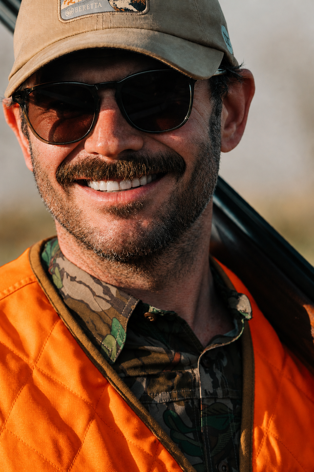 A smiling man wearing sunglasses, a beige cap with outdoor patches, an orange vest, and a camouflage shirt. He appears to be outdoors.