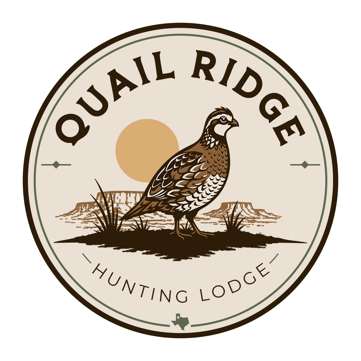 Logo for Quail Ridge Hunting Lodge featuring a quail standing on desert terrain with mesas in the background, a sun or moon in the sky, and the text "Quail Ridge Hunting Lodge" surrounding the scene.