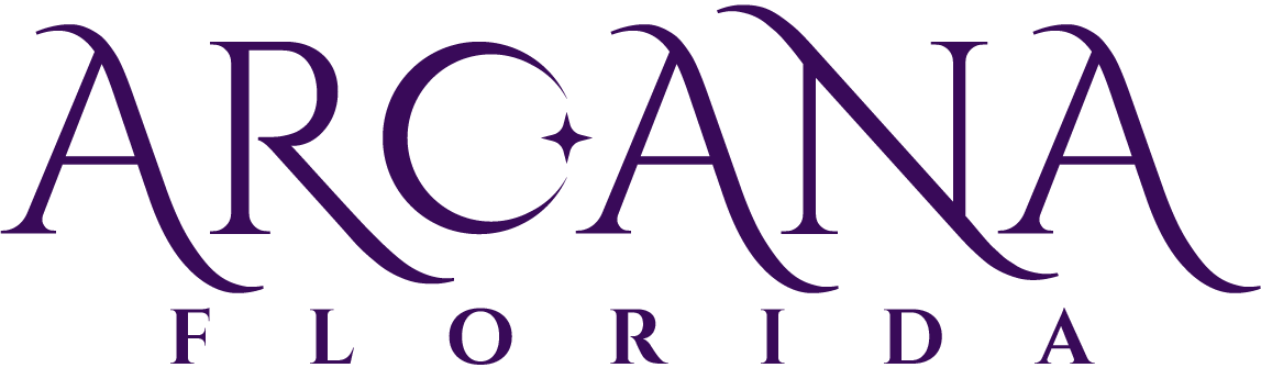 Arcana written in purple with the letter C stylized as a crescent moon with a star in the middle