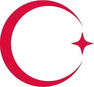 Red crescent moon with a five-pointed star nearby on a black background.