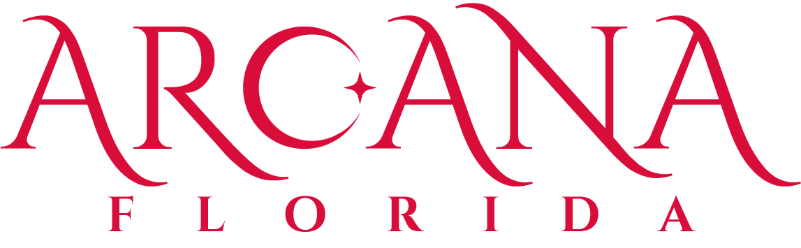 The words Arcana Florida written in red with the stylized letter C in a crescent moon shape with a star inside