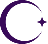 A stylized purple crescent moon with a star.