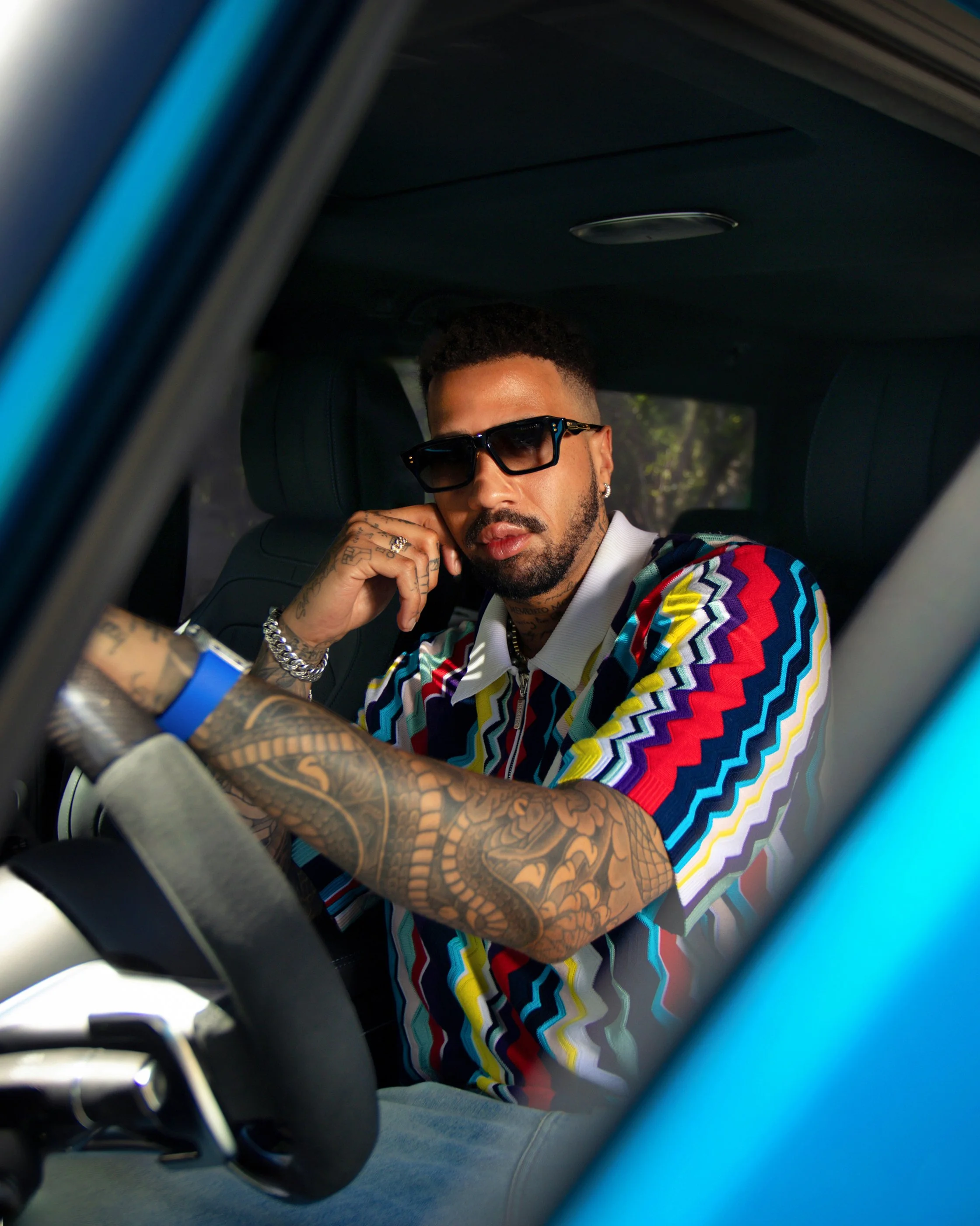 Miles Chamley-Watson photographed with the Mercedes-AMG G 63 for a commercial automotive campaign