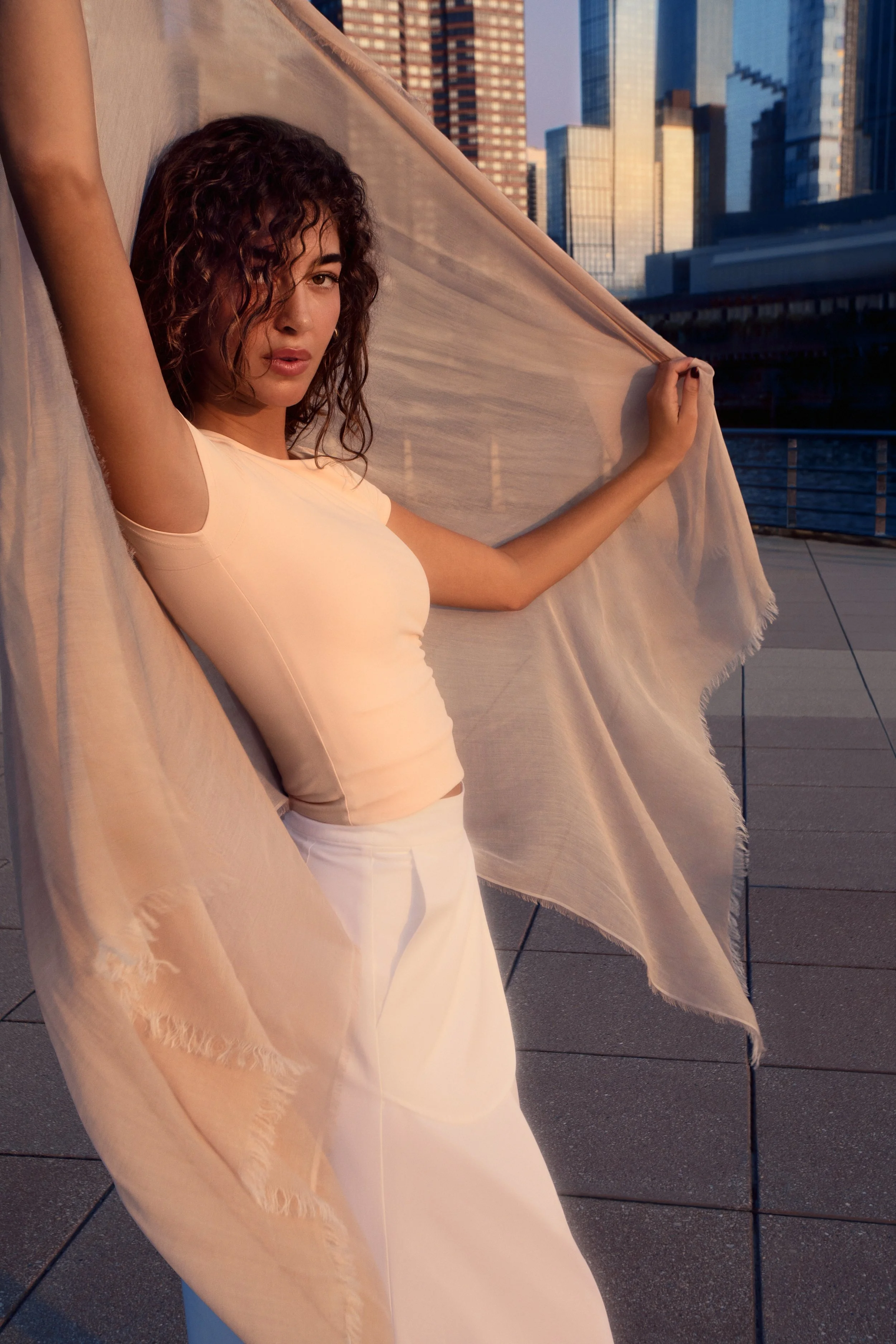 Female talent with flowing fabric photographed for the Audi e-tron automotive CGI campaign