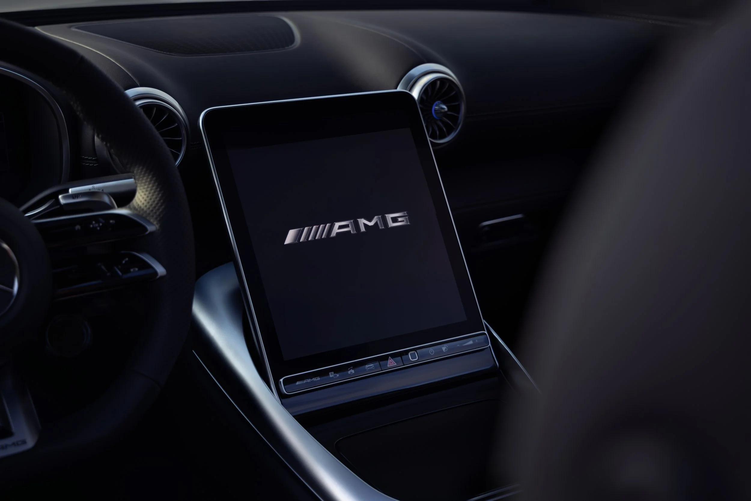 Mercedes-AMG SL interior and infotainment detail for a luxury automotive campaign