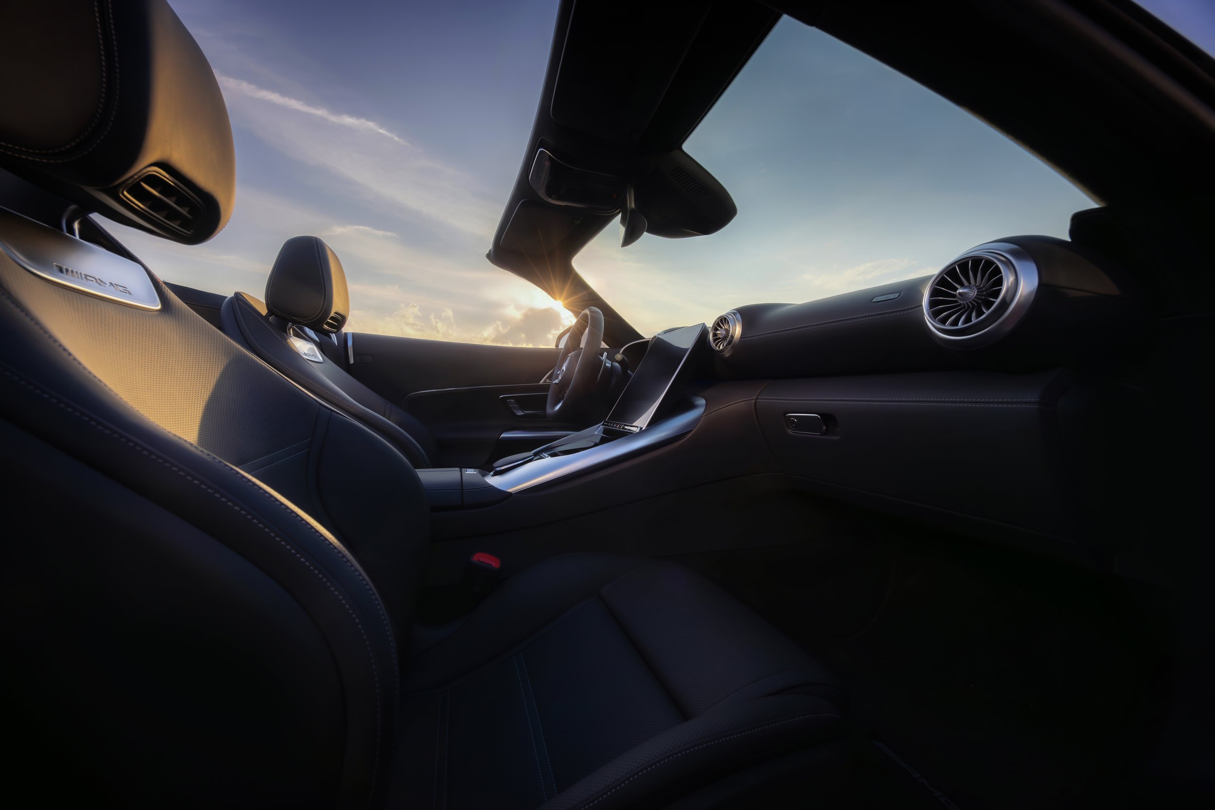 Mercedes-AMG SL luxury interior photographed at sunset for an automotive campaign