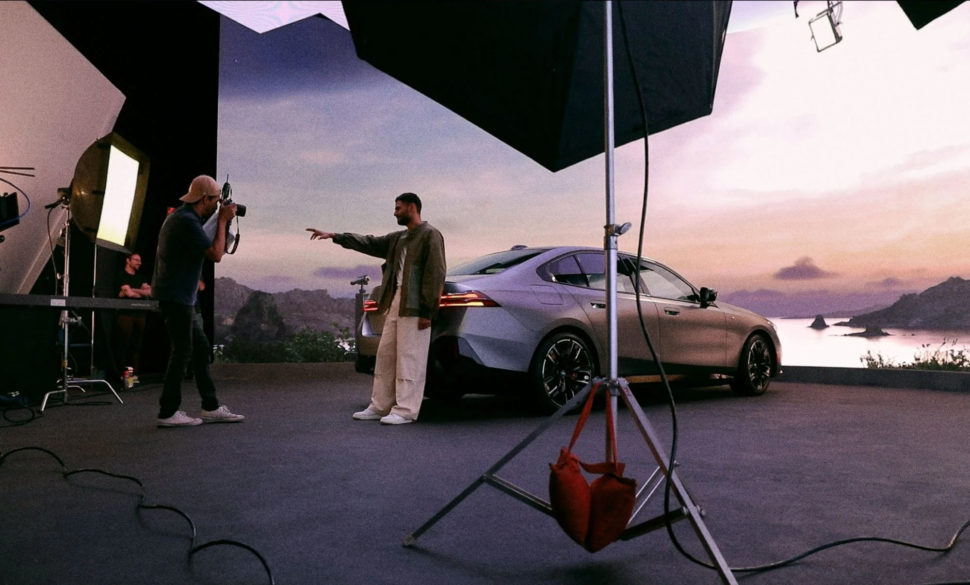Behind-the-scenes view of BMW and Jay Shetty campaign production, showcasing VFX integration and creative direction by award-winning commercial automotive photographer David Masemore.