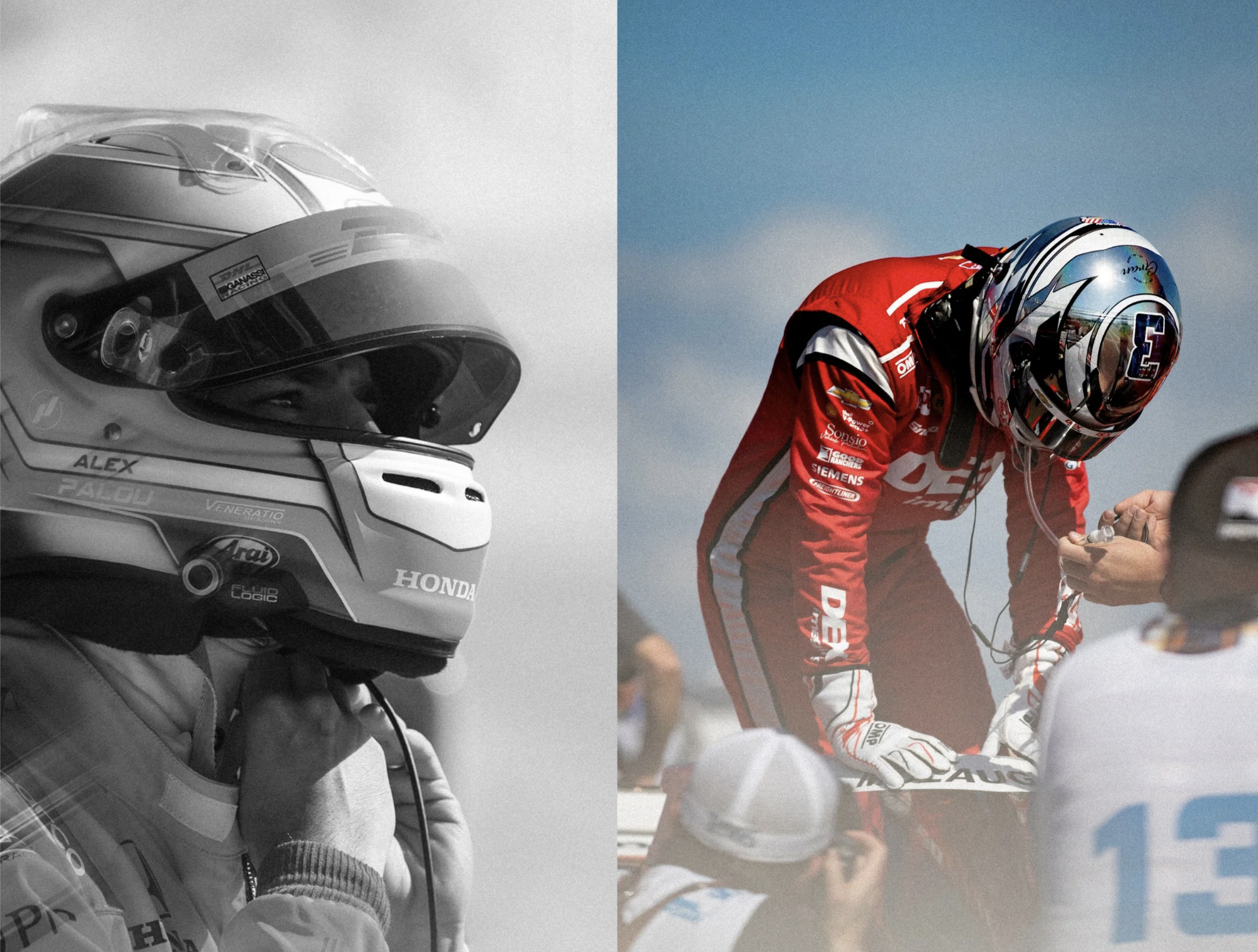 Editorial IndyCar driver portrait series featuring Alex Palou in his racing helmet and driver Scott McLaughlin preparing for competition.