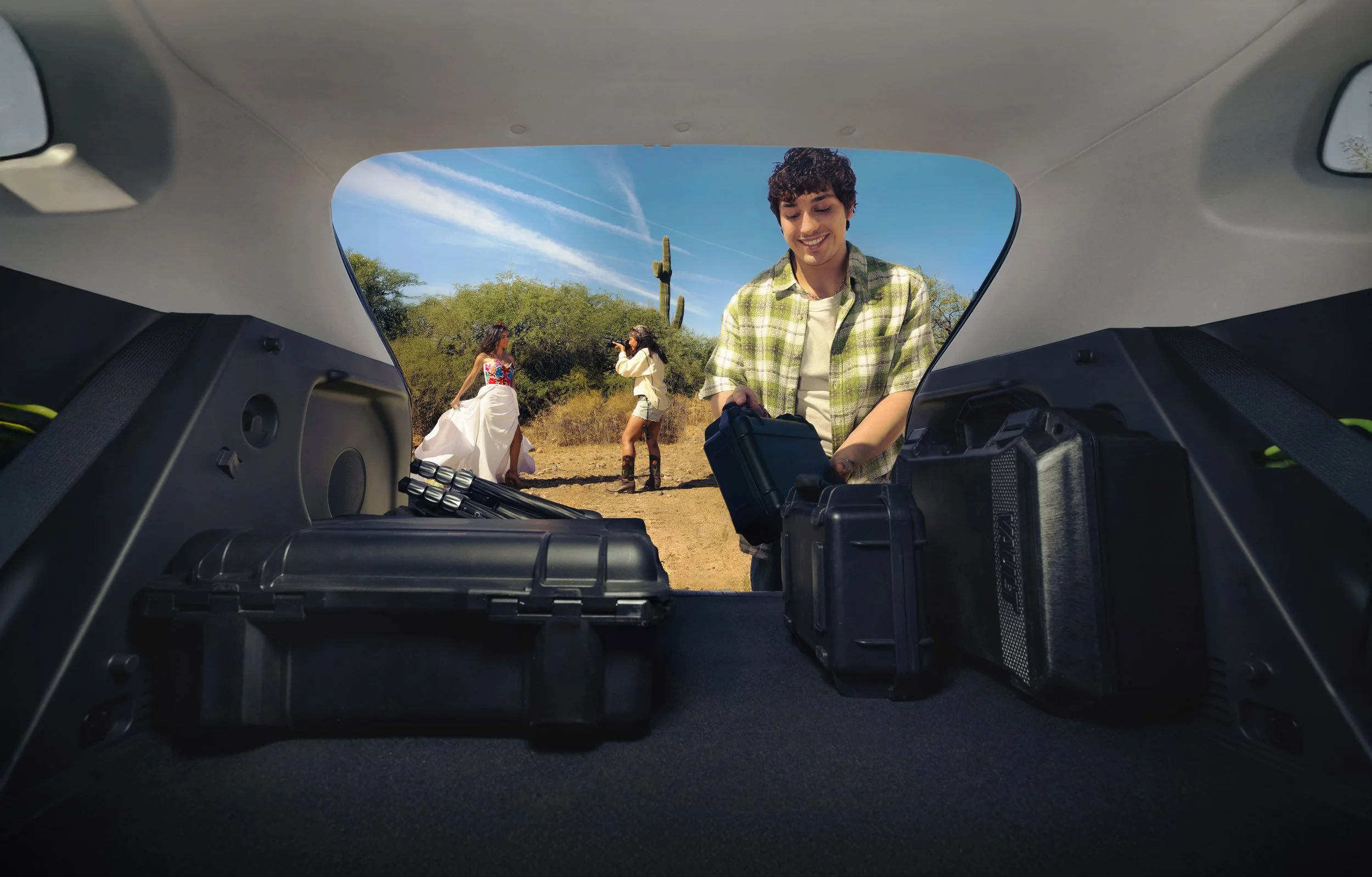 Hyundai KONA lifestyle campaign featuring the vehicle cargo area and travel gear