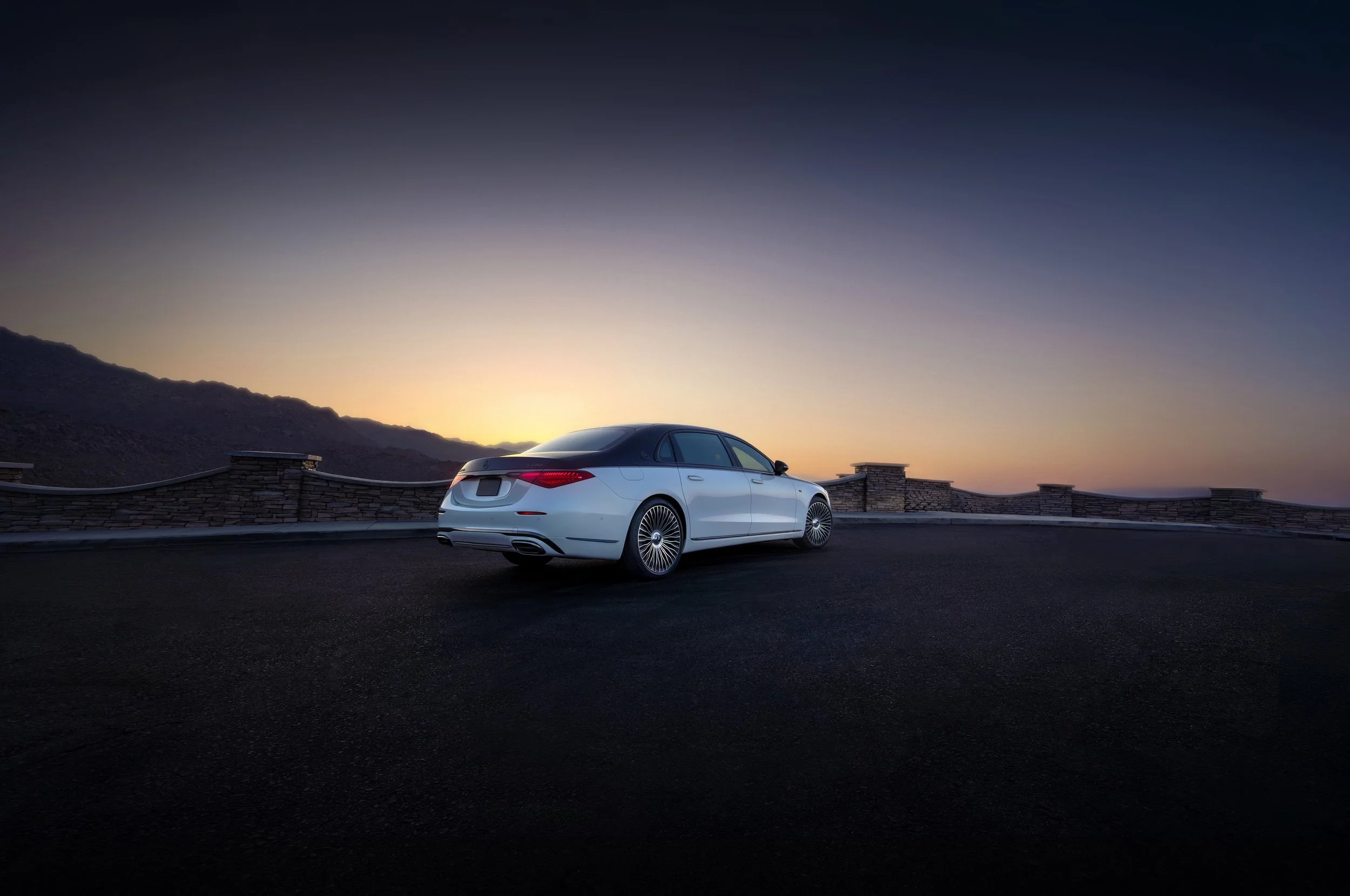 Mercedes-Maybach luxury automotive campaign imagery photographed at sunset in the Southern California desert