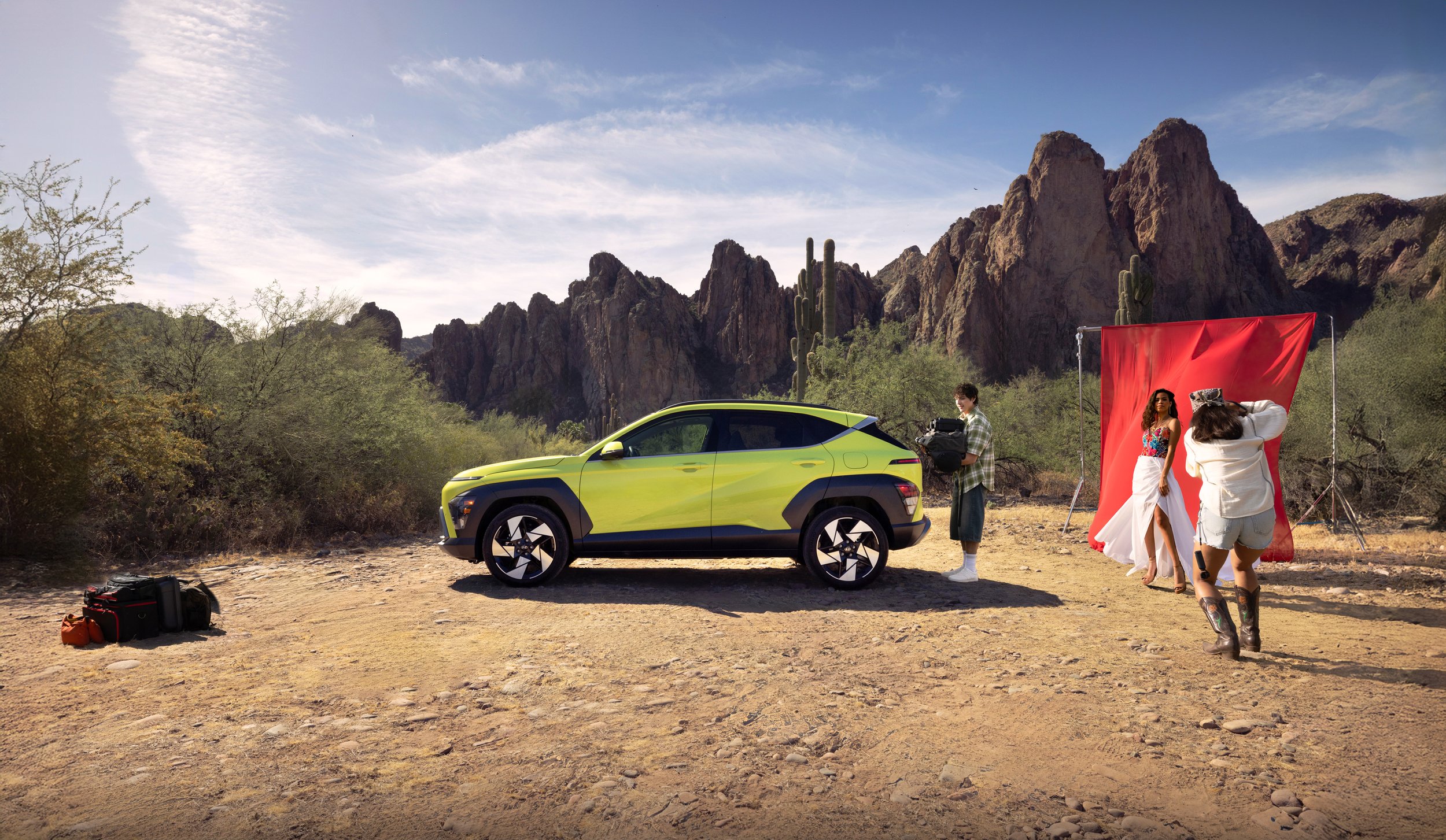 Hyundai KONA commercial automotive photography with lifestyle talent in a desert setting for the 2026 campaign