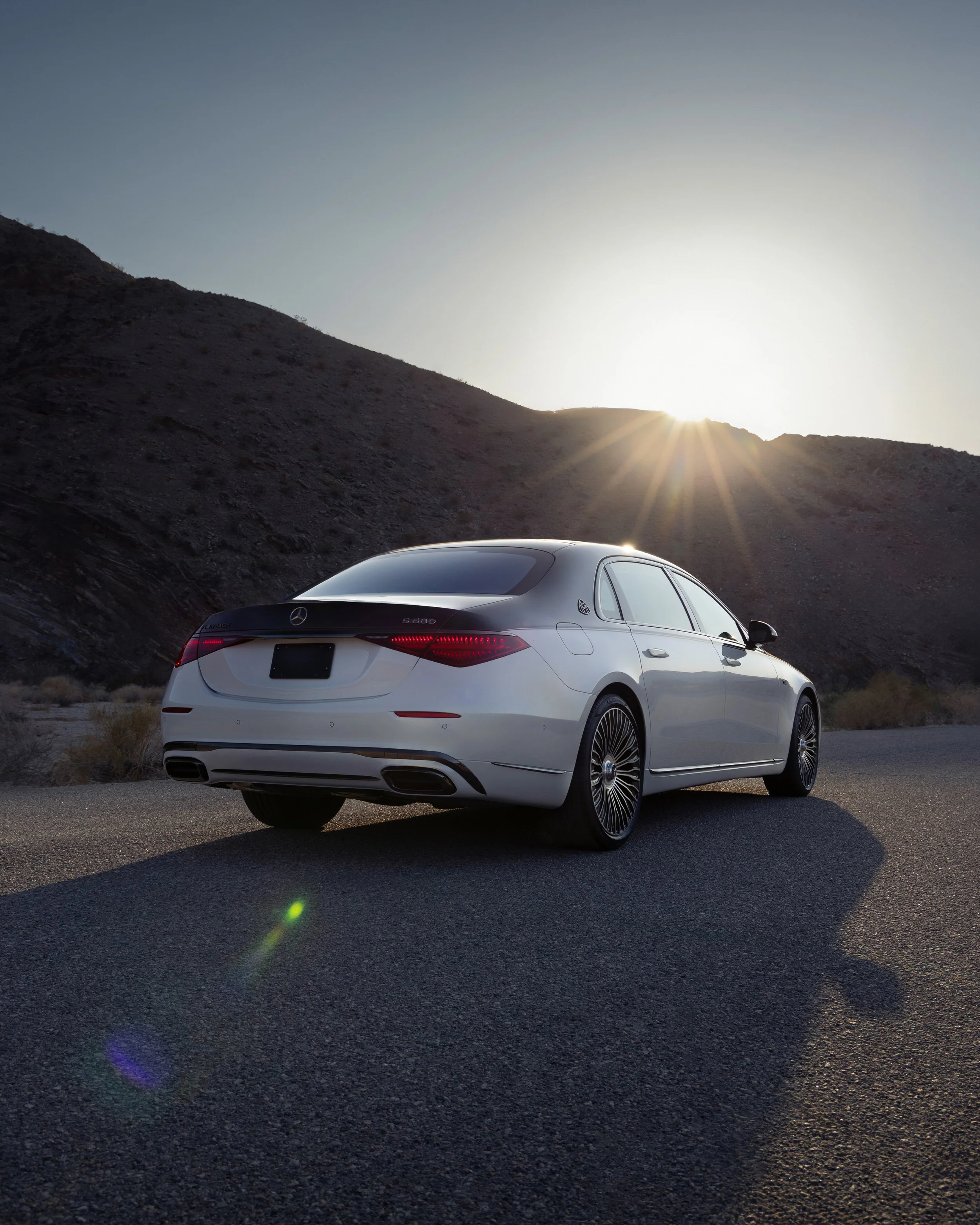 Mercedes-Maybach luxury automotive campaign photographed against the setting sun in Palm Springs