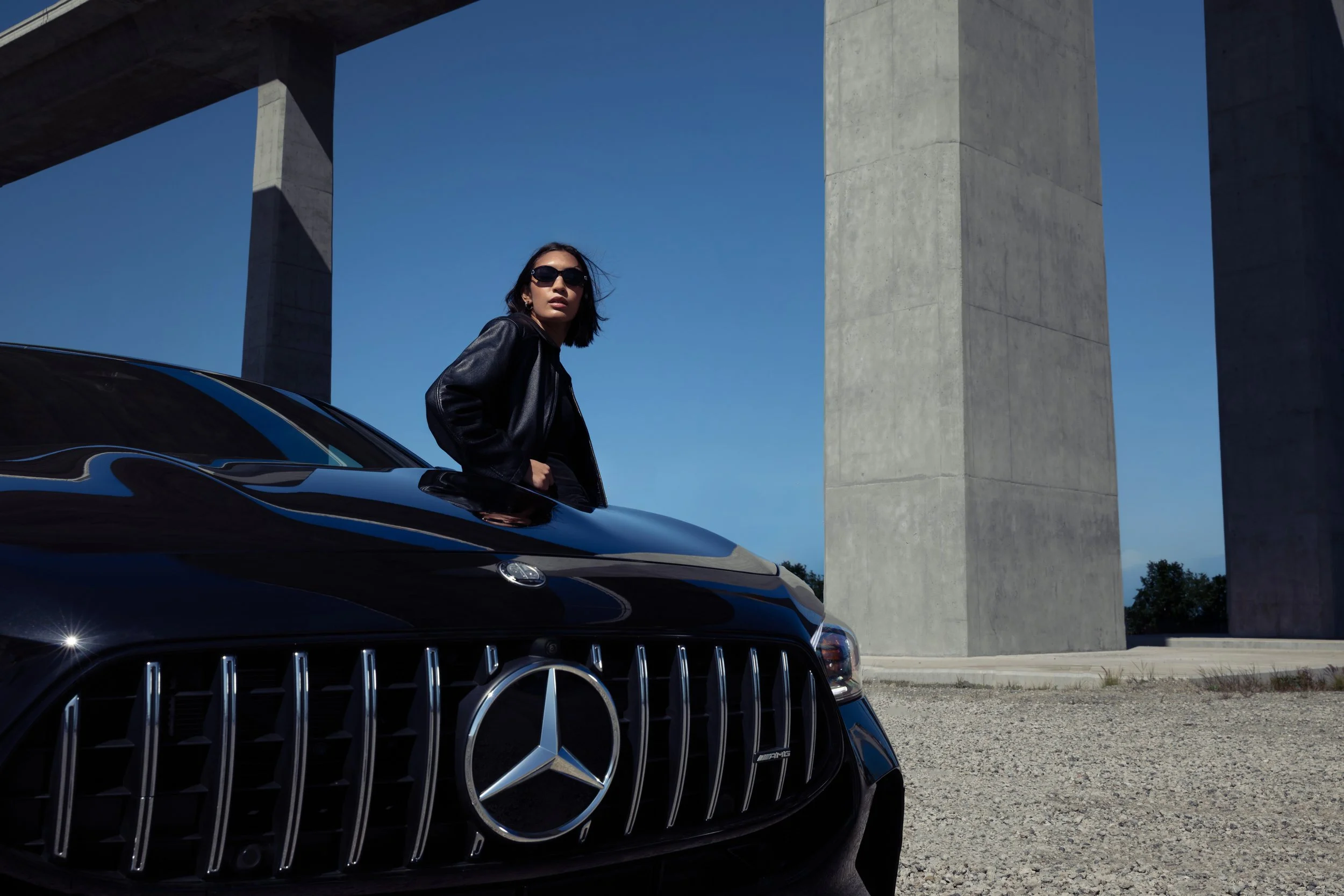 Mercedes-AMG S 63 automotive lifestyle photography combining luxury vehicle design with fashion talent