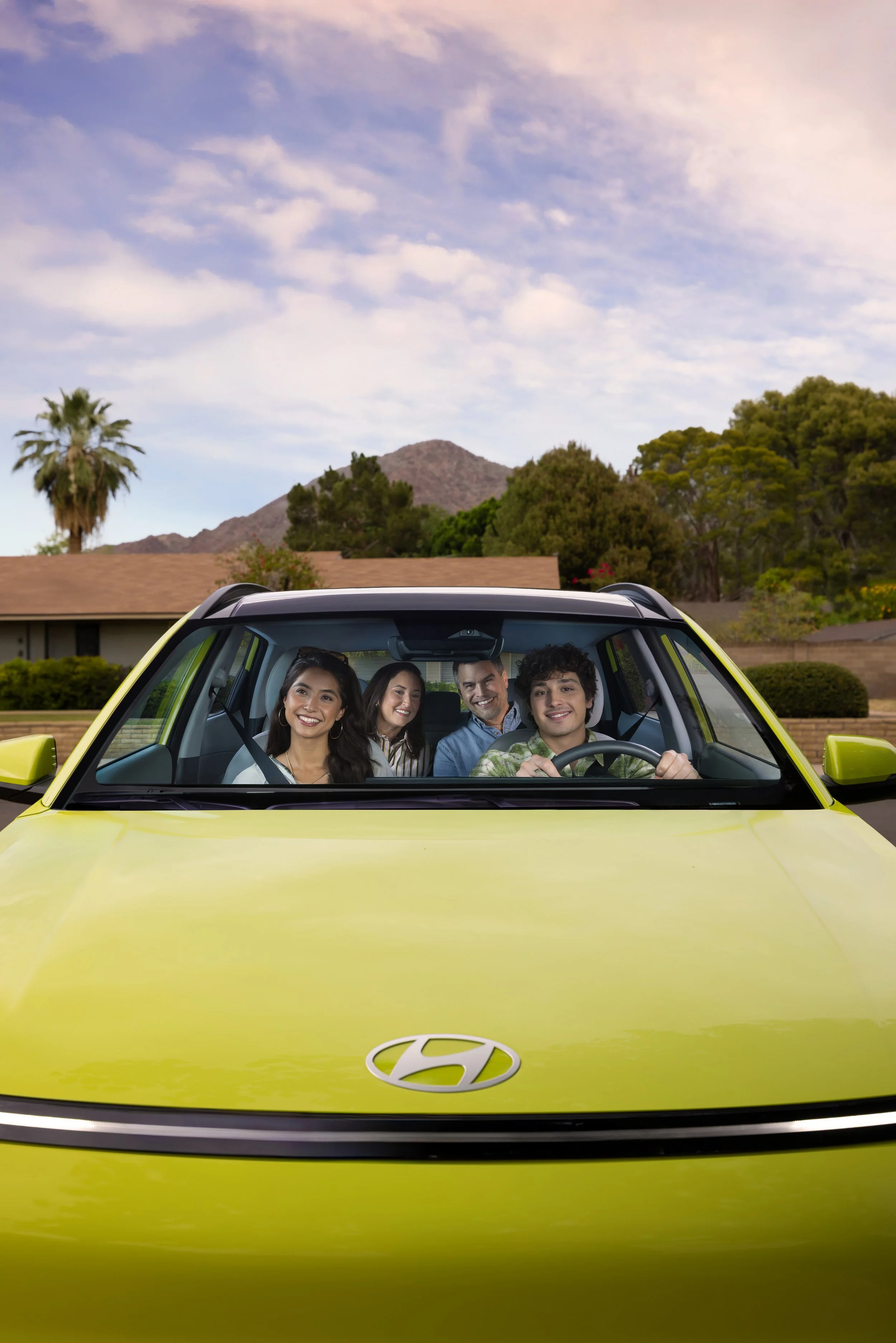 Hyundai KONA lifestyle photography featuring family inside the vehicle for the 2026 campaign