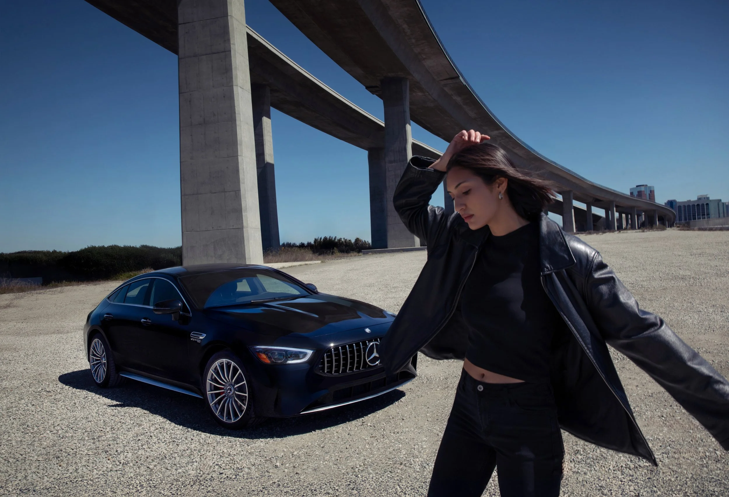 Mercedes-AMG S 63 commercial automotive photography blending luxury vehicle and fashion lifestyle imagery