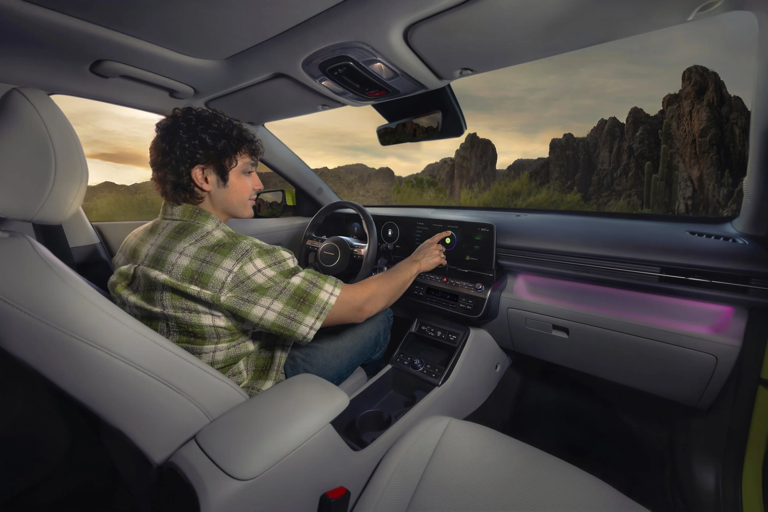 Hyundai KONA interior photography featuring talent and vehicle technology for the 2026 automotive campaign