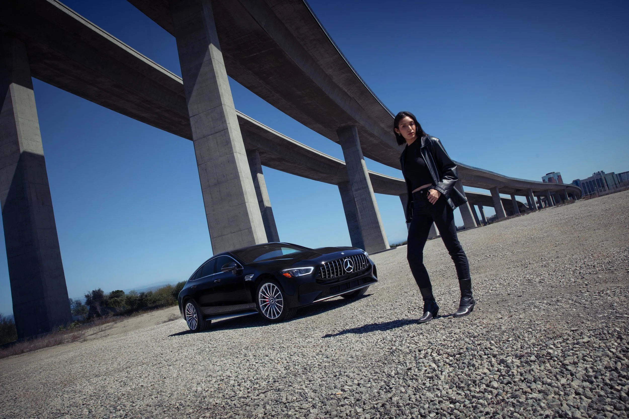 Mercedes-AMG S 63 lifestyle campaign photographed with talent against modern urban Los Angeles architecture