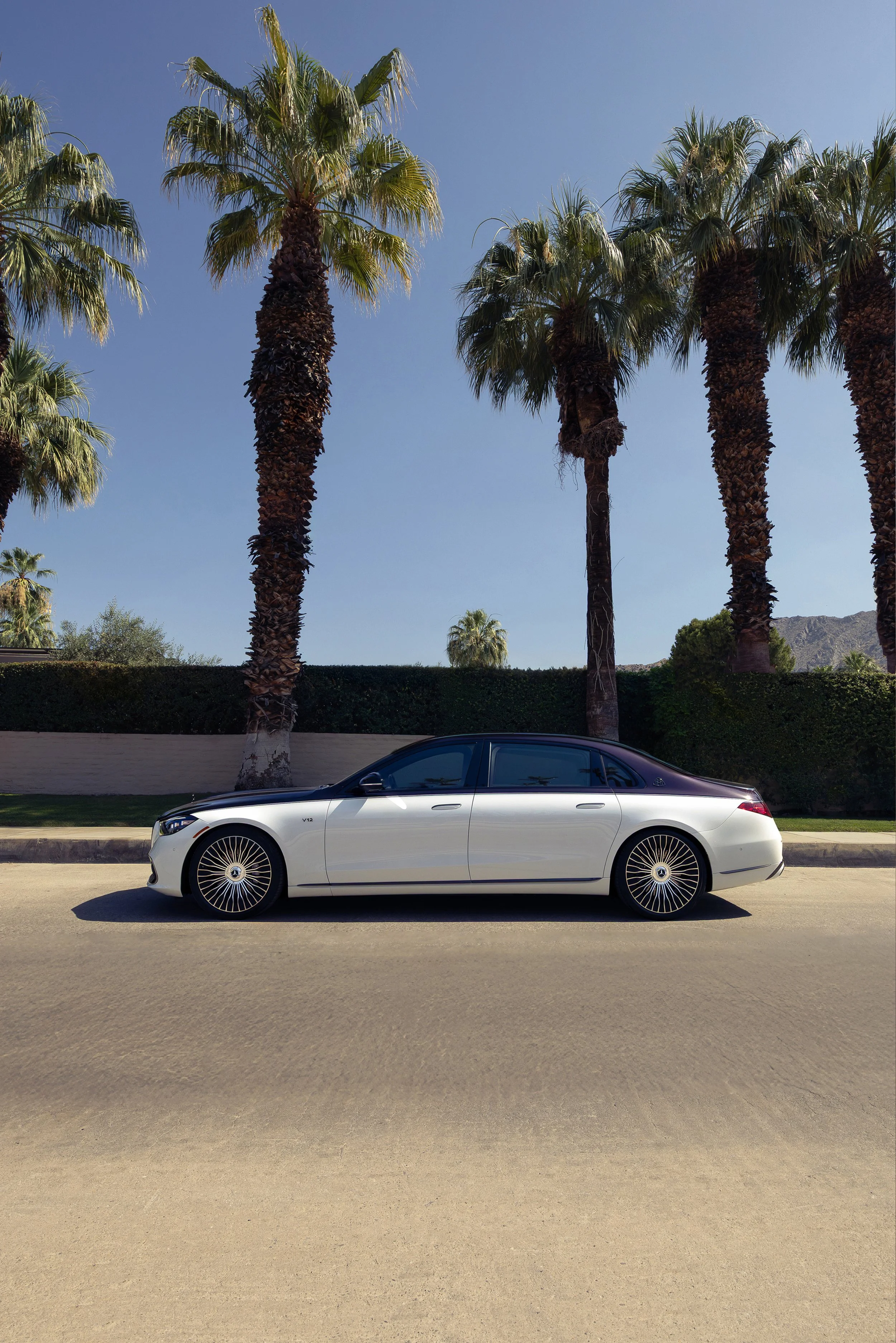 Mercedes-Maybach luxury automotive photography set against the architecture and palm trees of Palm Springs