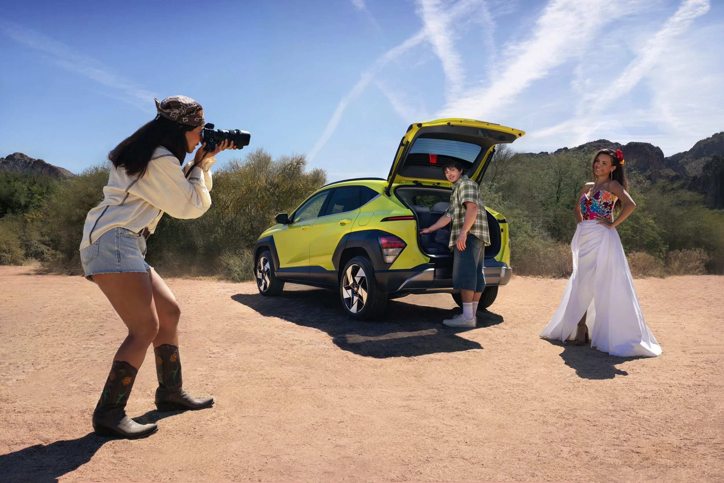 Hyundai KONA lifestyle campaign featuring young talent preparing the vehicle for an outdoor adventure