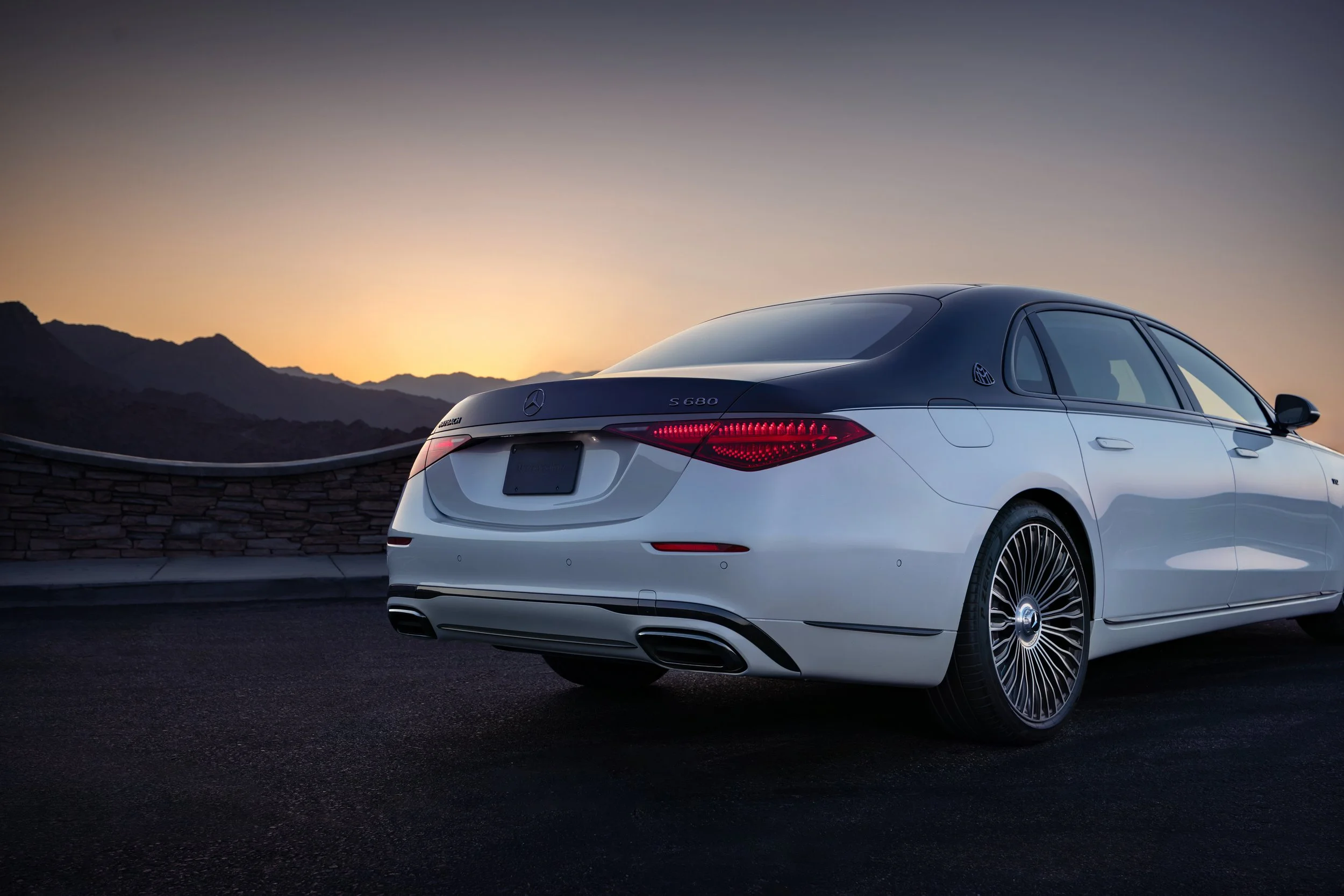 Mercedes-Maybach luxury automotive advertising featuring the S 680 Nordic Glow photographed at sunset in Palm Springs