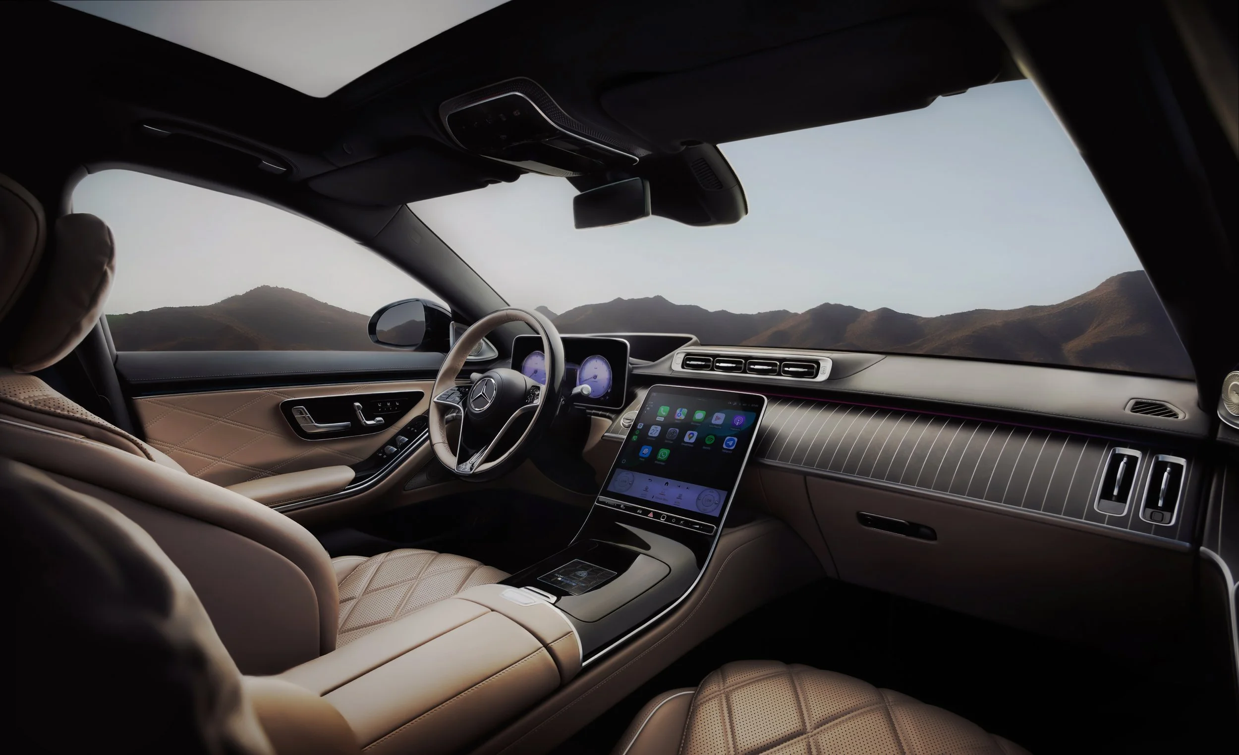 Mercedes-Maybach luxury automotive interior photography showcasing the cabin, materials, and digital technology