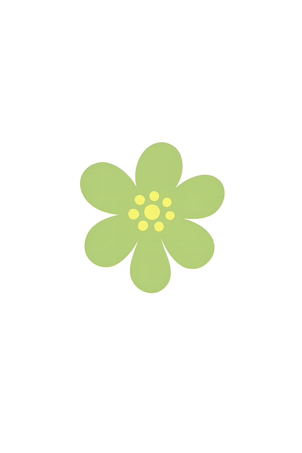 A simple, stylized green flower with eight petals and a circular arrangement of yellow dots at its center, set against a black background.