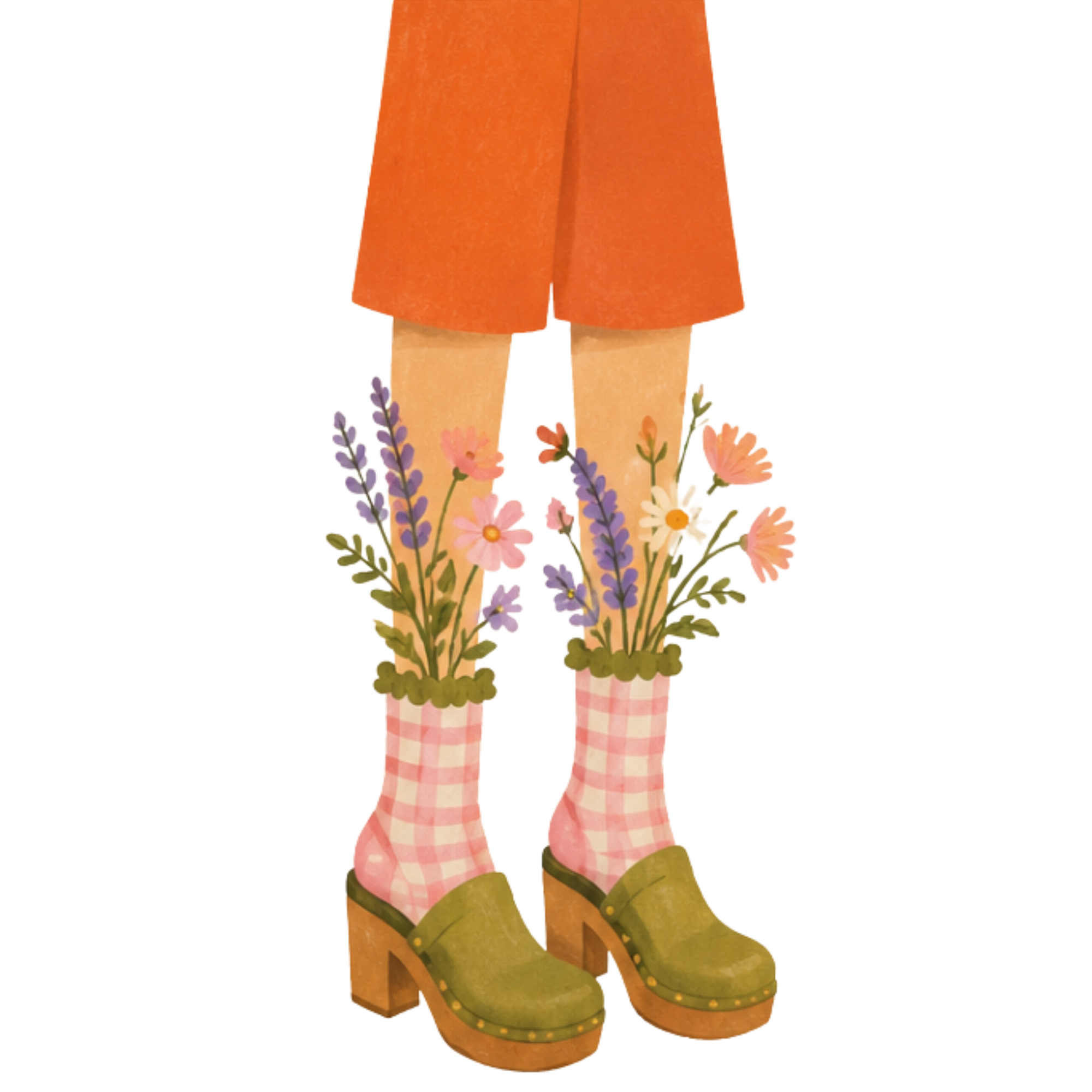 Child wearing orange shorts, pink and white checkered socks, green shoes, and floral tights, standing among flowers.
