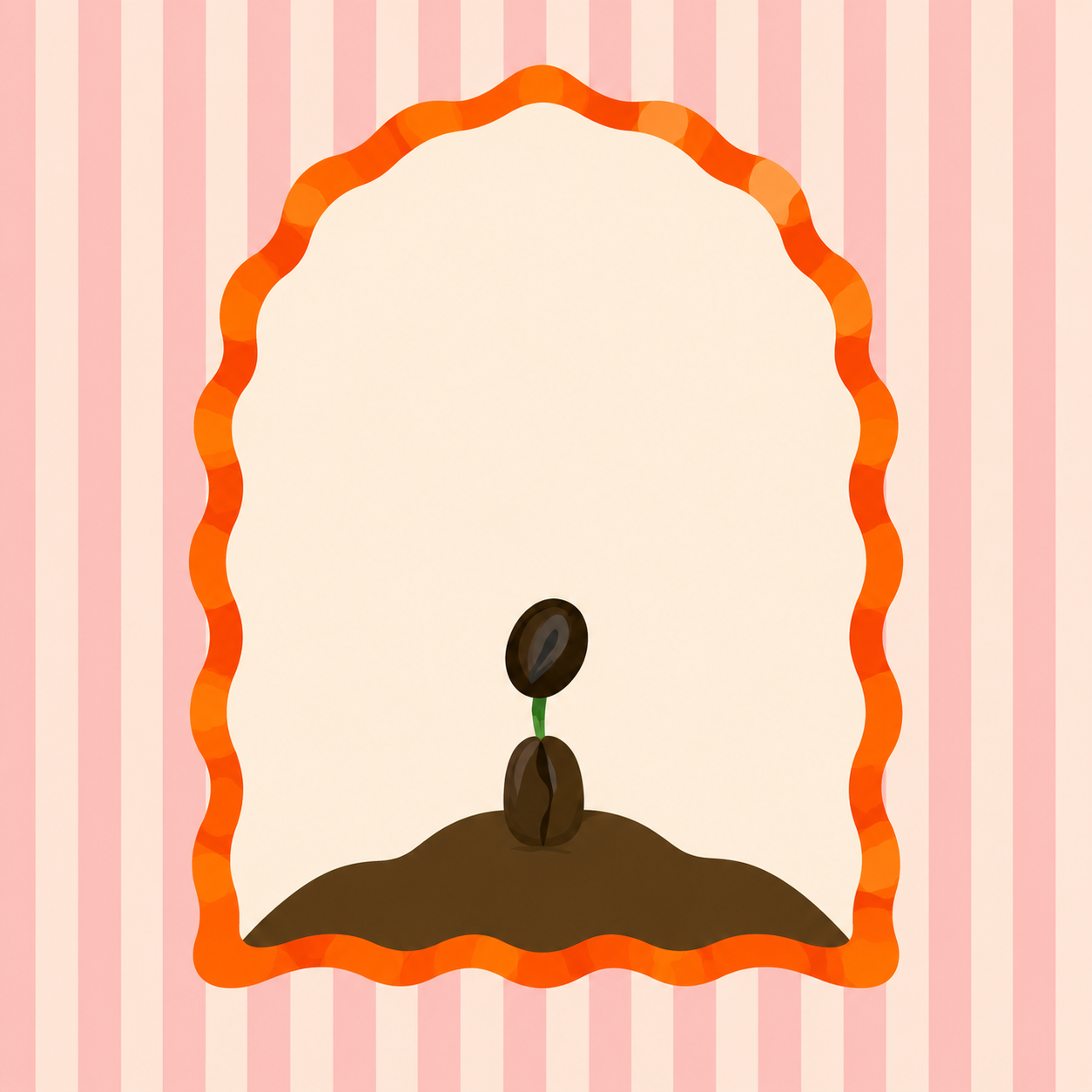 A framed picture of a coffee bean sprouting from soil on a pink striped background.
