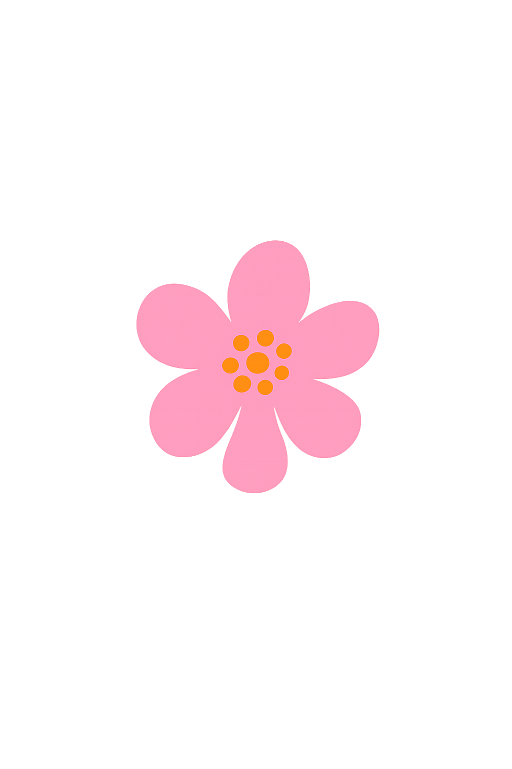 A pink cartoon flower with seven rounded petals and an orange center on a black background.