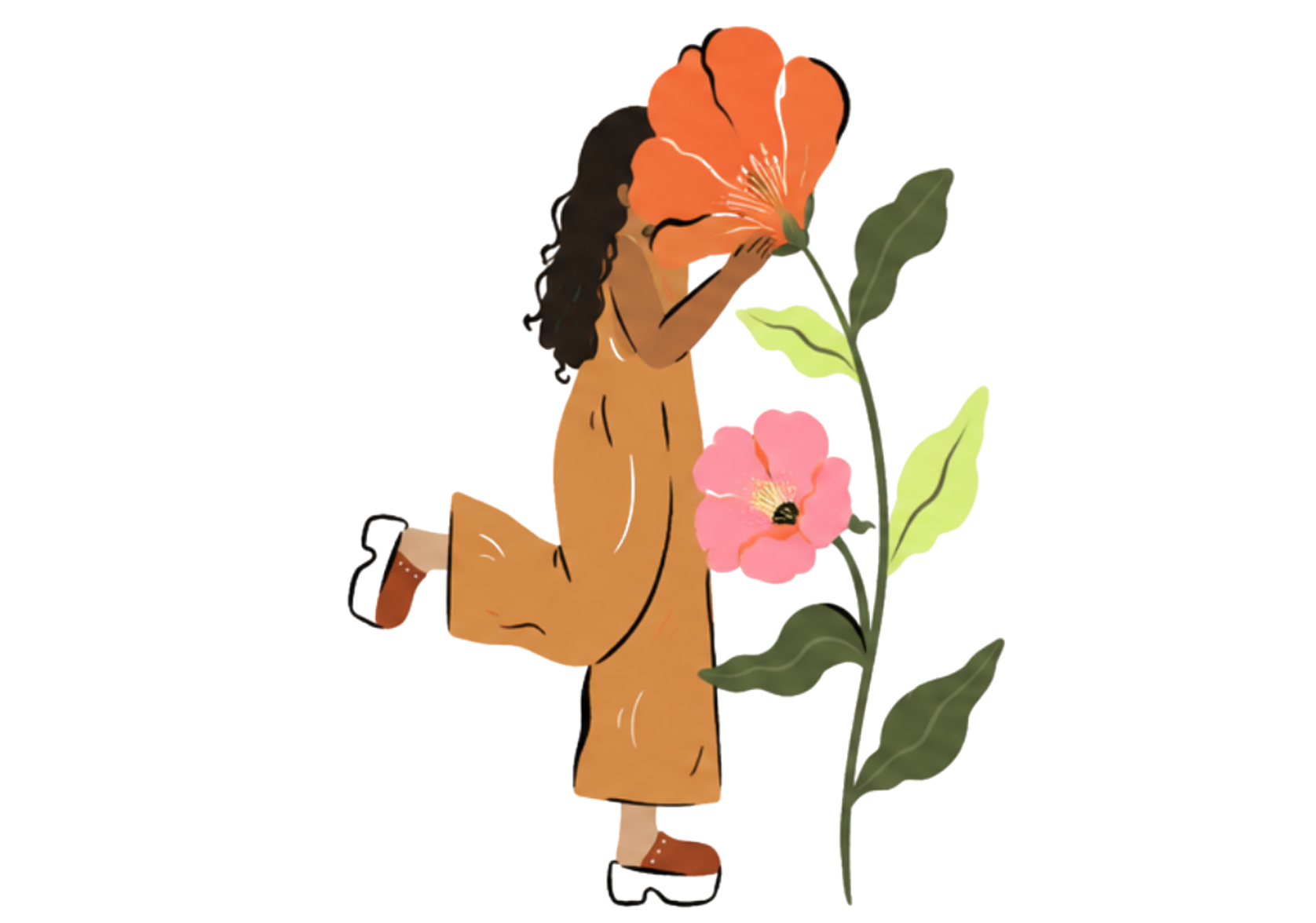 A cartoon illustration of a nude woman with dark curly hair kneeling, kissing a large pink flower, with a tall orange flower and green leaves next to her.
