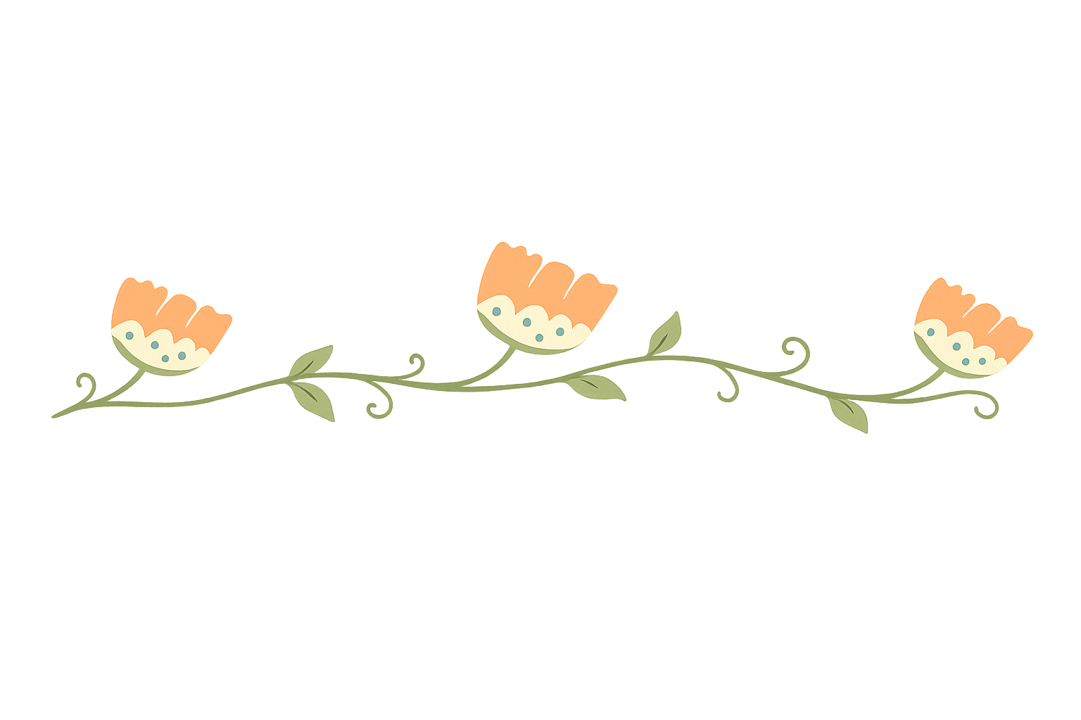 Decorative wall shelf with three peach-colored flower pots with white and blue flowers, connected by a curly green vine with leaves.