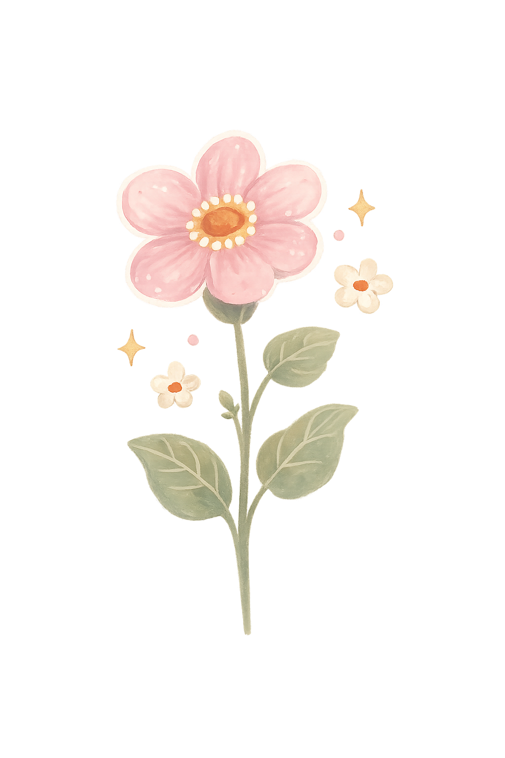 A digital illustration of a pink flower with a yellow and brown center, surrounded by smaller white flowers, golden stars, and pink dots, with a glowing effect and green leaves on a faded background.