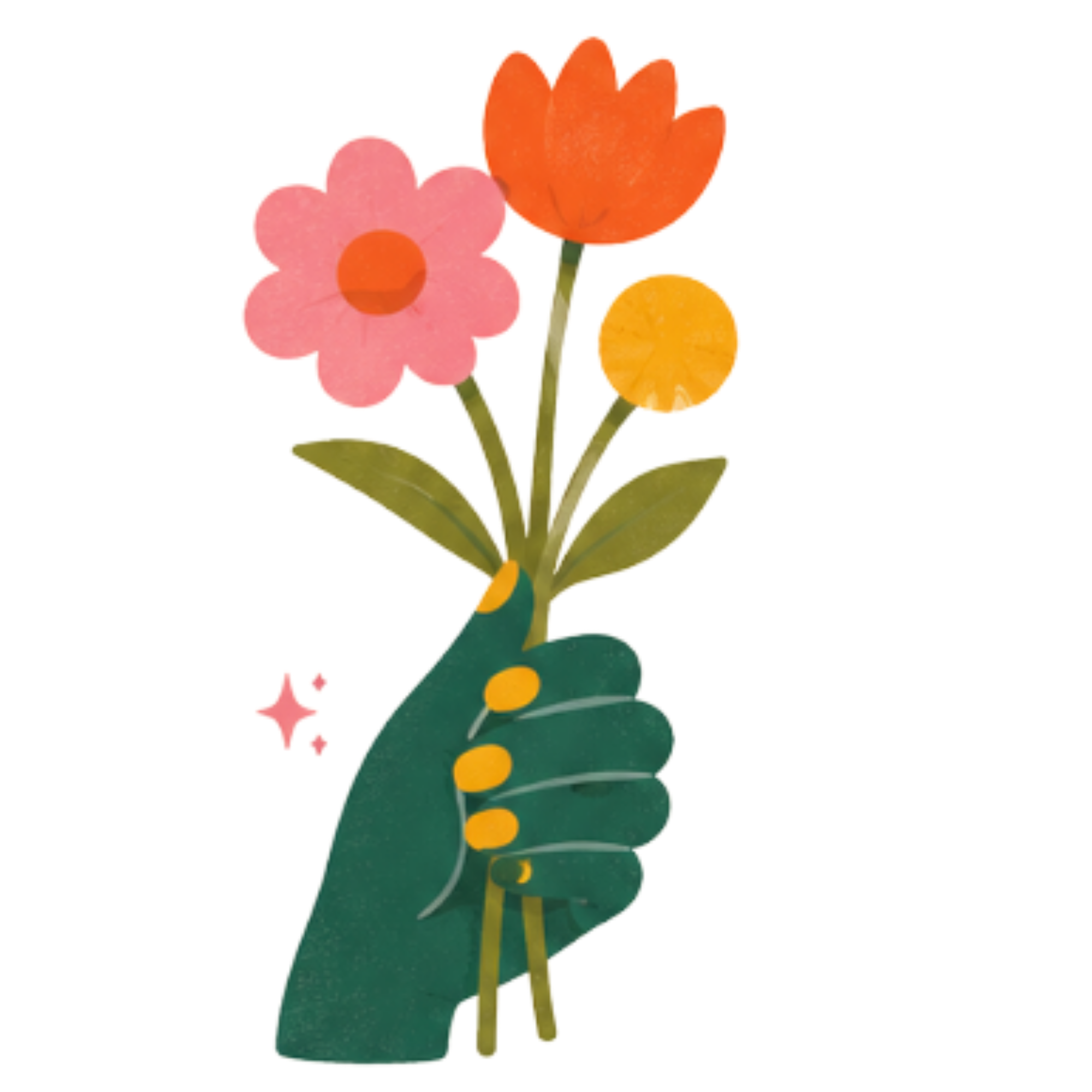 A playful image of two cartoonish flowers with smiling faces, green stems, and leaves, one pink and one orange, standing together on a green base with yellow dots.