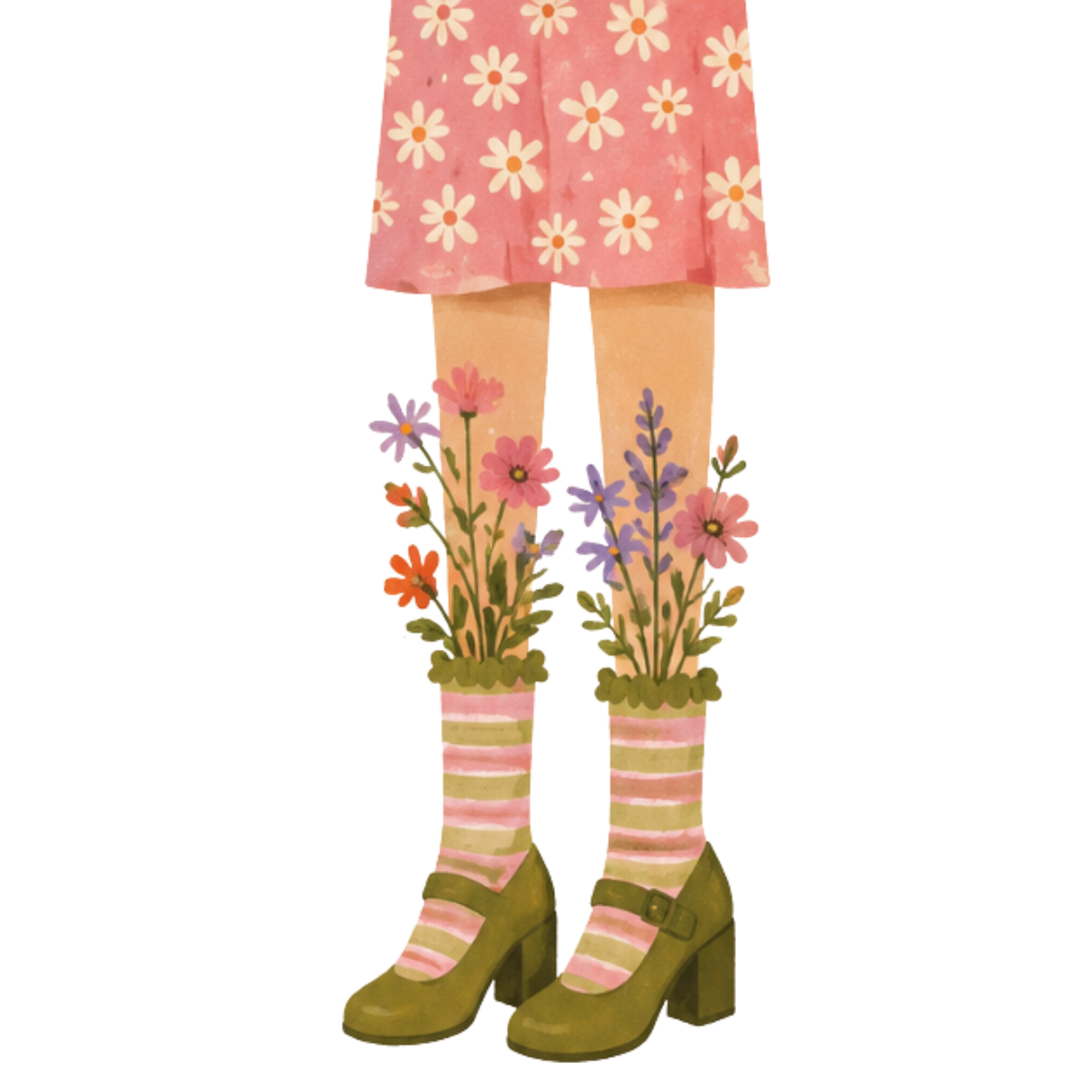 A person wearing yellow boots, pink and white striped socks, pink shorts, and a pink floral top with daisies, standing among flowers.