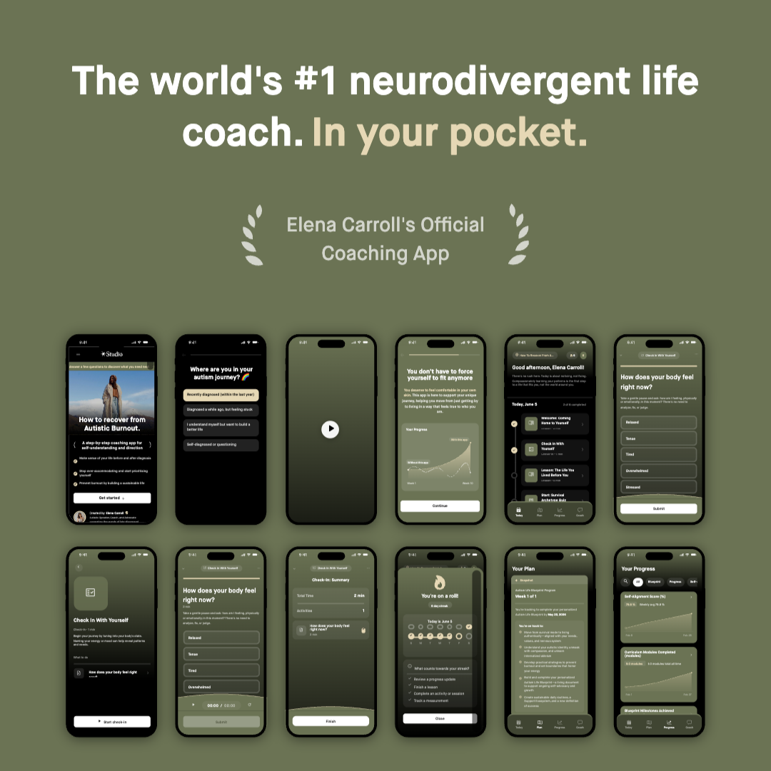 Screenshot of Elena Carroll's official coaching app showing various screens for self-assessment, body feeling check, progress tracking, and personalized coaching plans.