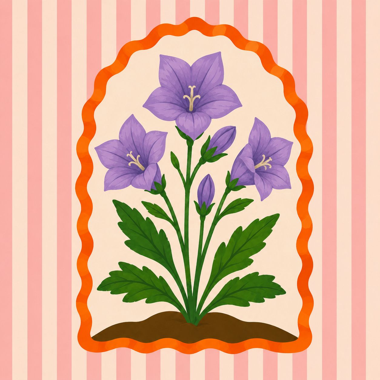 A digital illustration of a plant with purple bell-shaped flowers and green leaves, framed within a decorative border, set against a pink striped background.